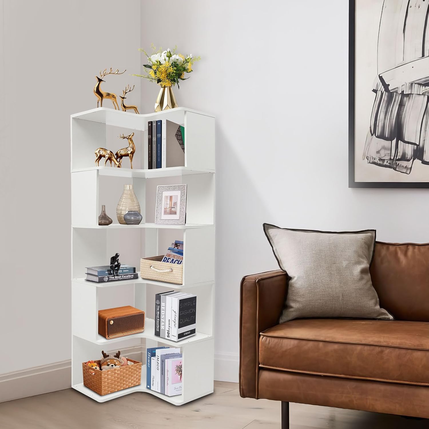 5-Tier L-Shaped Corner Bookshelf - 63" Tall Freestanding Bookcase with Anti-Drop Panel & Open Shelf Units, for Home Office, Living Room