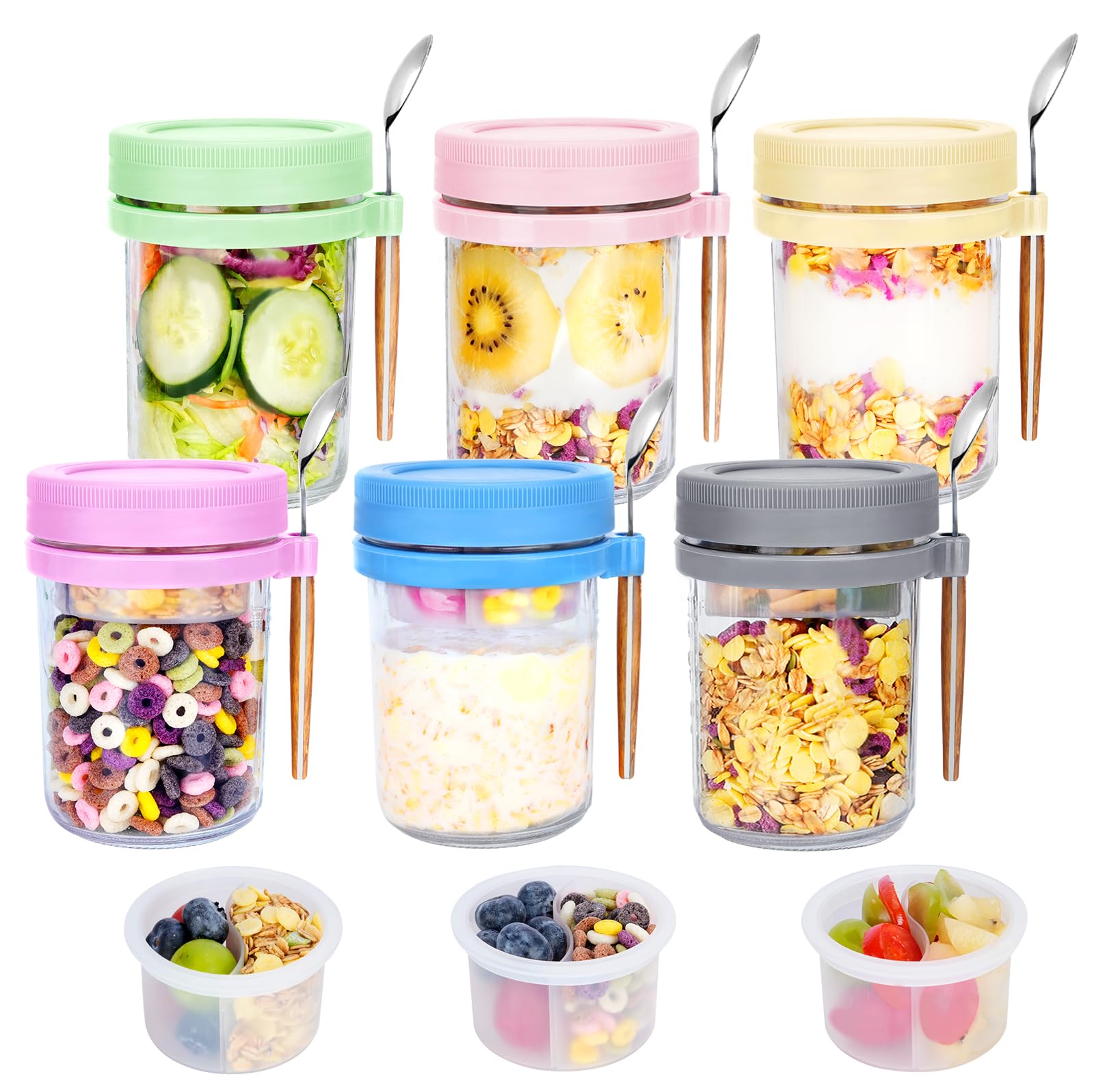 6 Pack Overnight Oats Containers with Lids, Spoons, Divided Compartments - 16 oz Glass Wide Mouth Mason jars, BPA-free, Leak Proof - Meal Prep Jars for Yogurt Parfait, Chia Pudding, Oatmeal