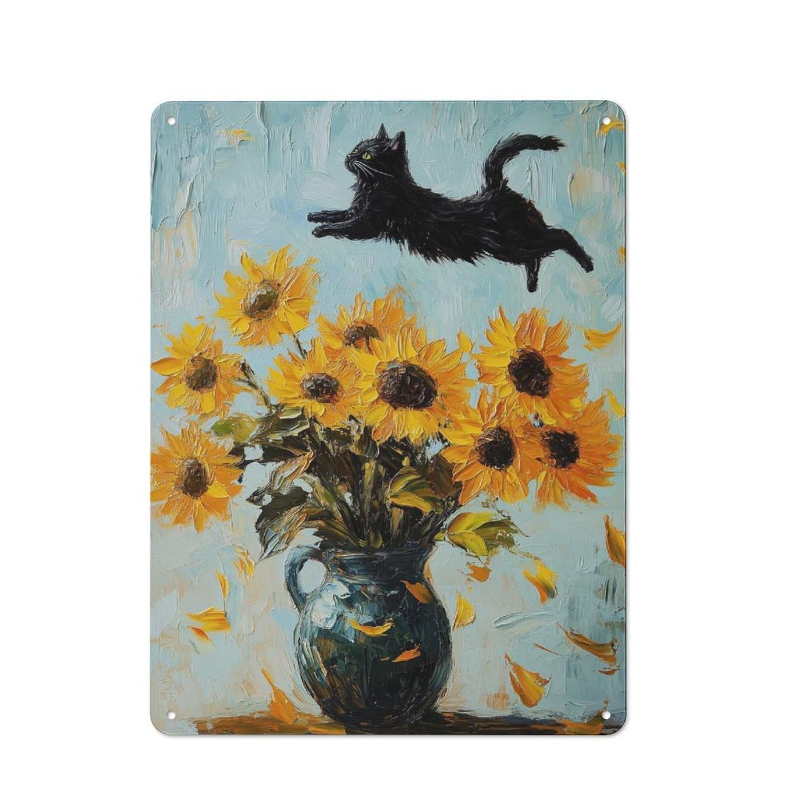 Junmoney Style-12 For Café Or Restaurant, Black Cat And Sunflowers Retro Metal Sign 40X30cm, Gift For Café Owners And Decorators During The Christmas Season