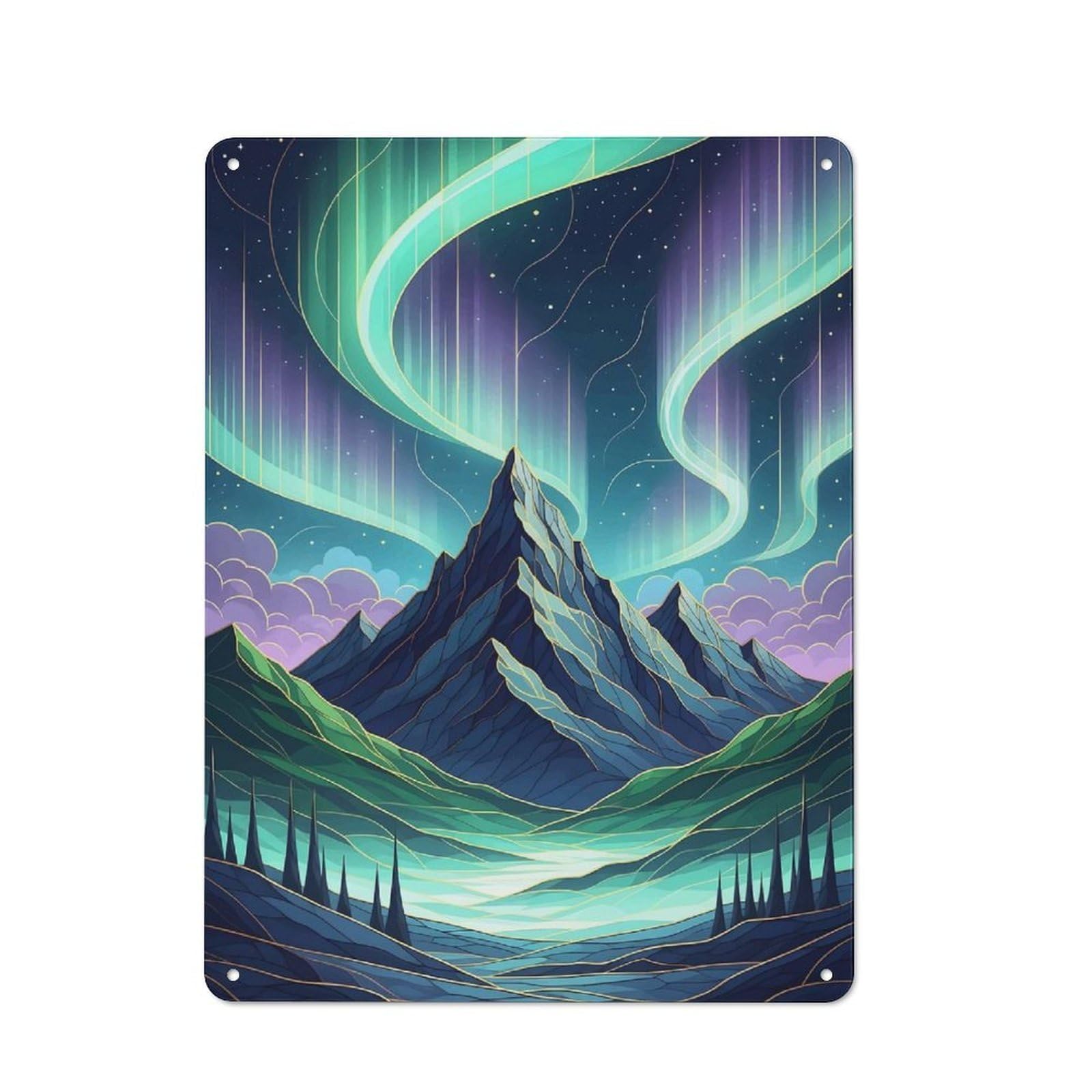 Junmoney Style-6 Aurora Borealis Over Mountain Landscape Retro-Style Tin Wall Plaque 40X30cm For Café Or Home Bar, For Themed Interiors In Cafés And Home Bars