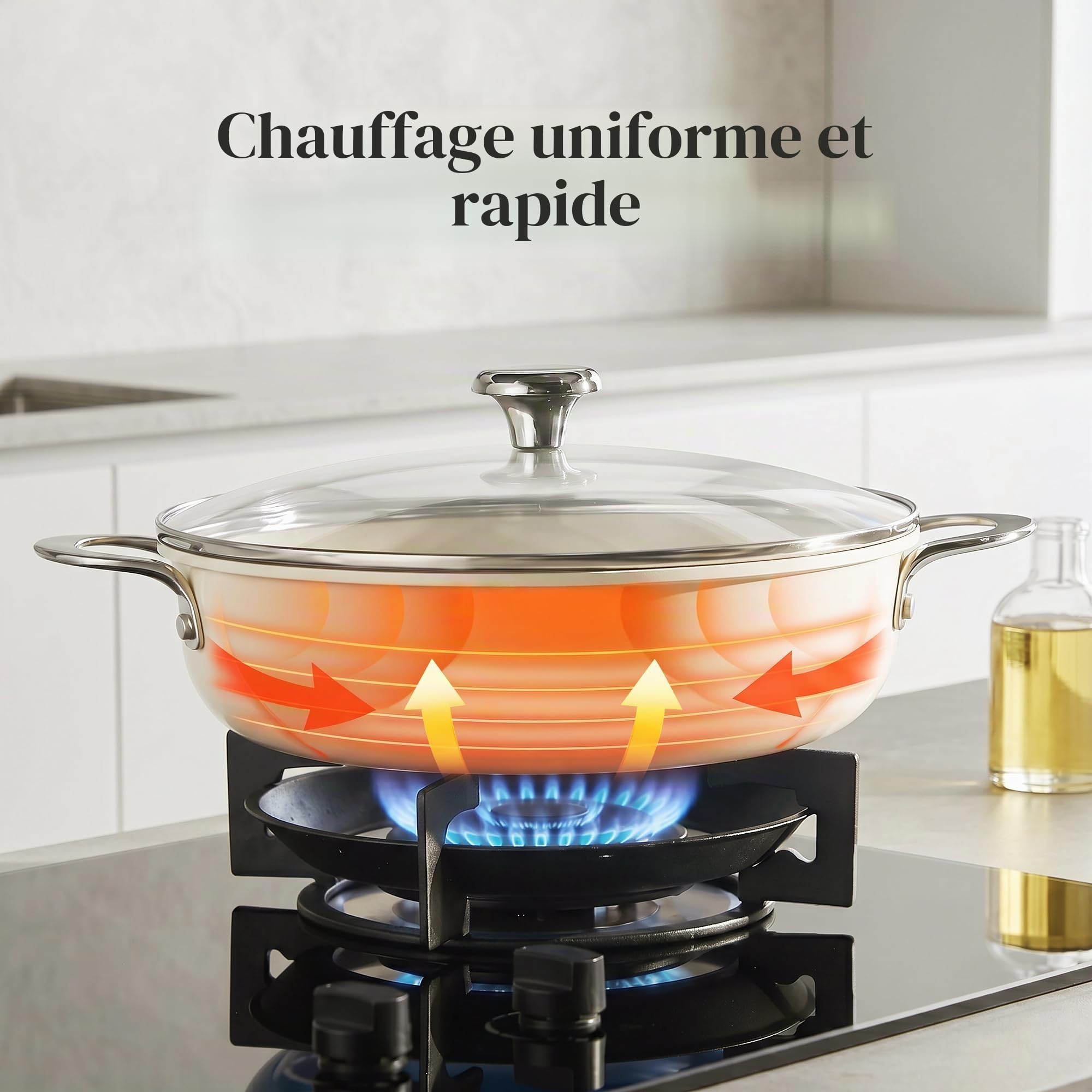 Redchef Sauteuse à bord haut de 28 cm - Avec couvercle - 3,85 l - En céramique anti-adhésive - Sans PFOA/PTFE/PFAS - Poignée en acier inoxydable - Passe au lave-vaisselle - Pour cuisson, rôtir
