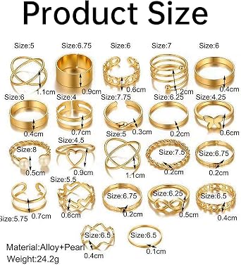 22 Pcs Gold Ring Set for Women,Finger Stacking Circlet Ladies Rings,Fashionable Ladies Alloy Finger Ring Set for Parties Proms