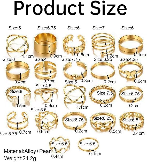 22 Pcs Gold Ring Set for Women,Finger Stacking Circlet Ladies Rings,Fashionable Ladies Alloy Finger Ring Set for Parties Proms