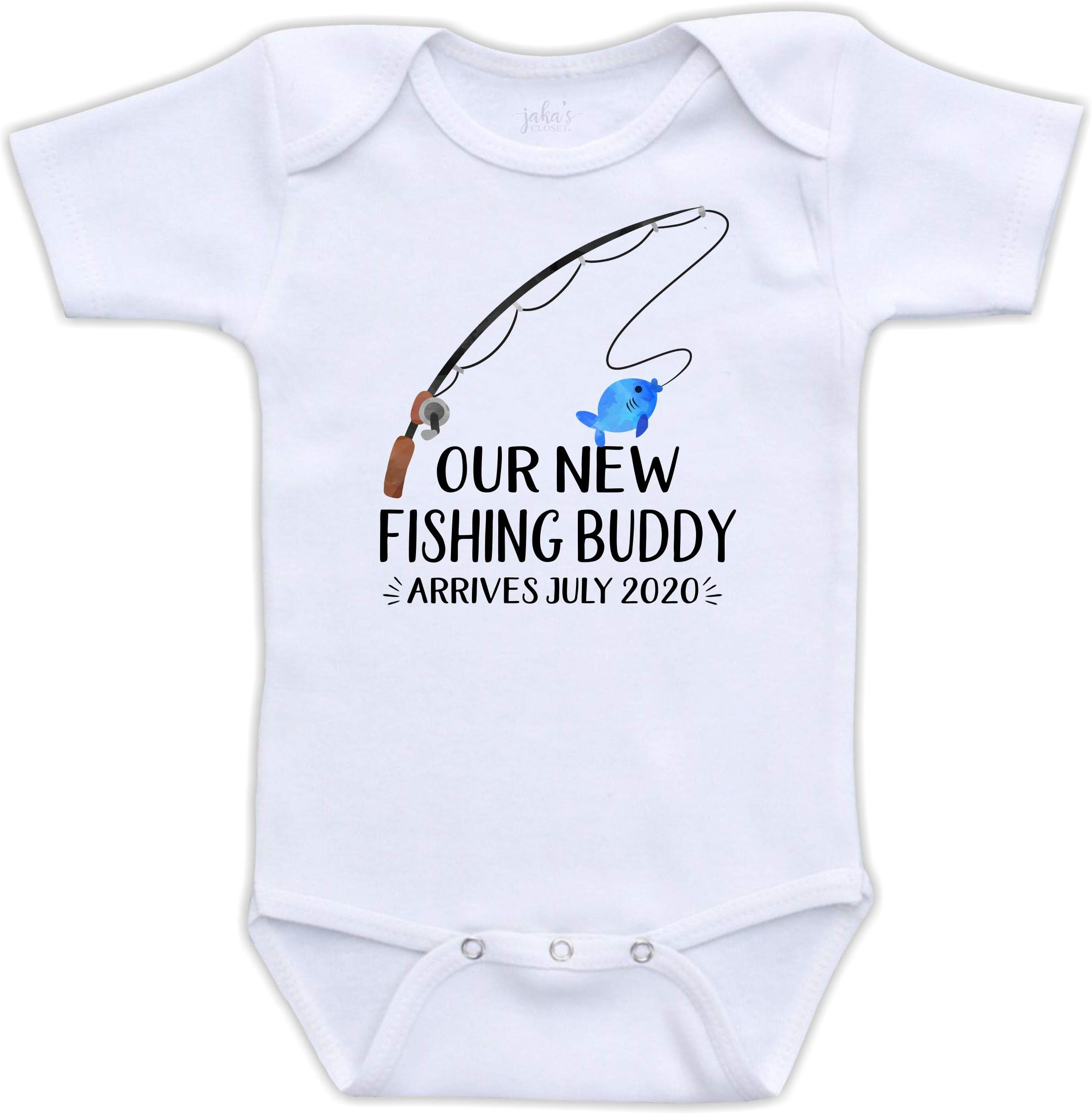 Our New Fishing Buddy Arrives - Custom Pregnancy Reveal Announcement Bodysuit (0-3M Standard Short Sleeve Bodysuit, July 2019)