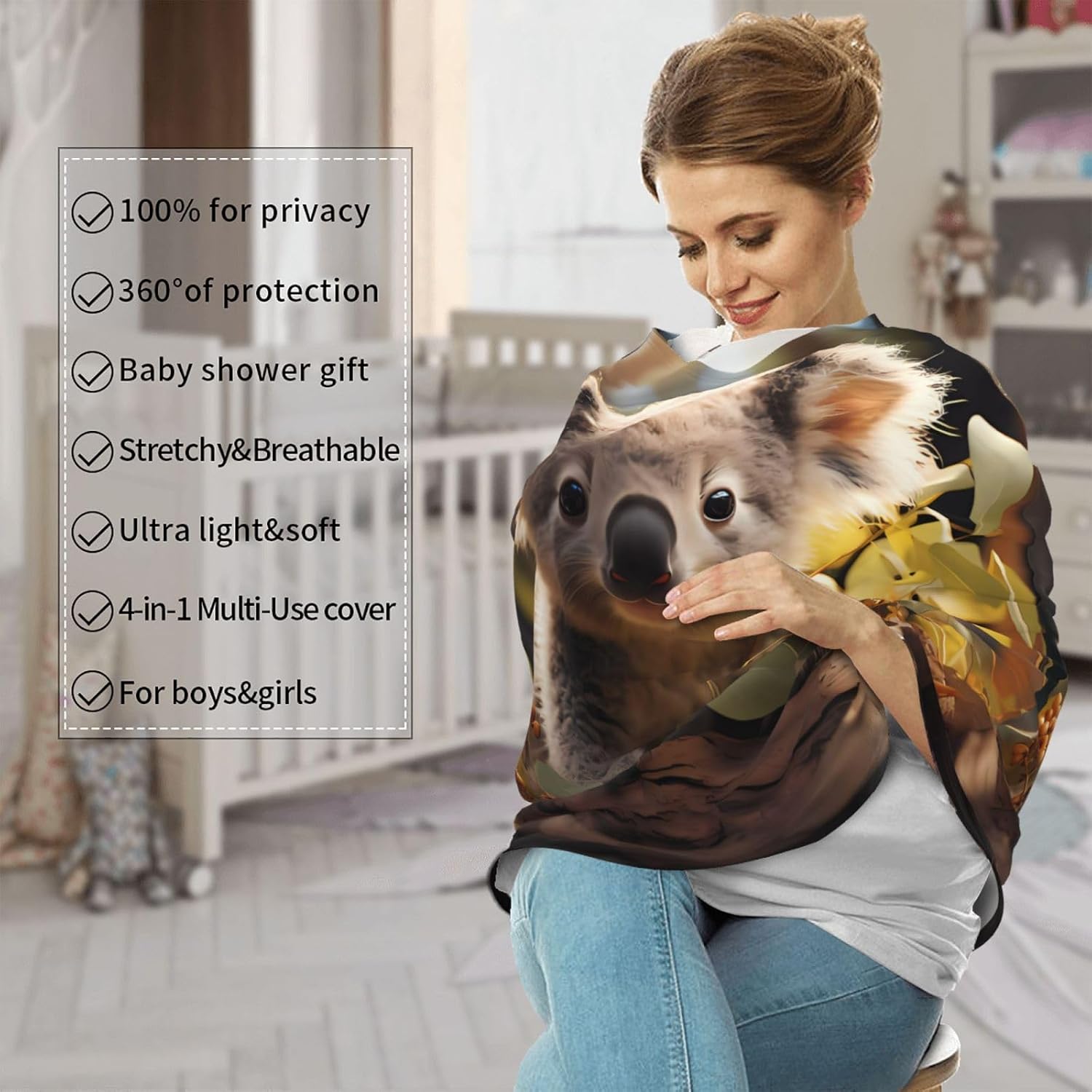 Cute Koala Plant Versatile full-print Stroller Chair Cover/Nursing Cover, specially designed for your baby, Black