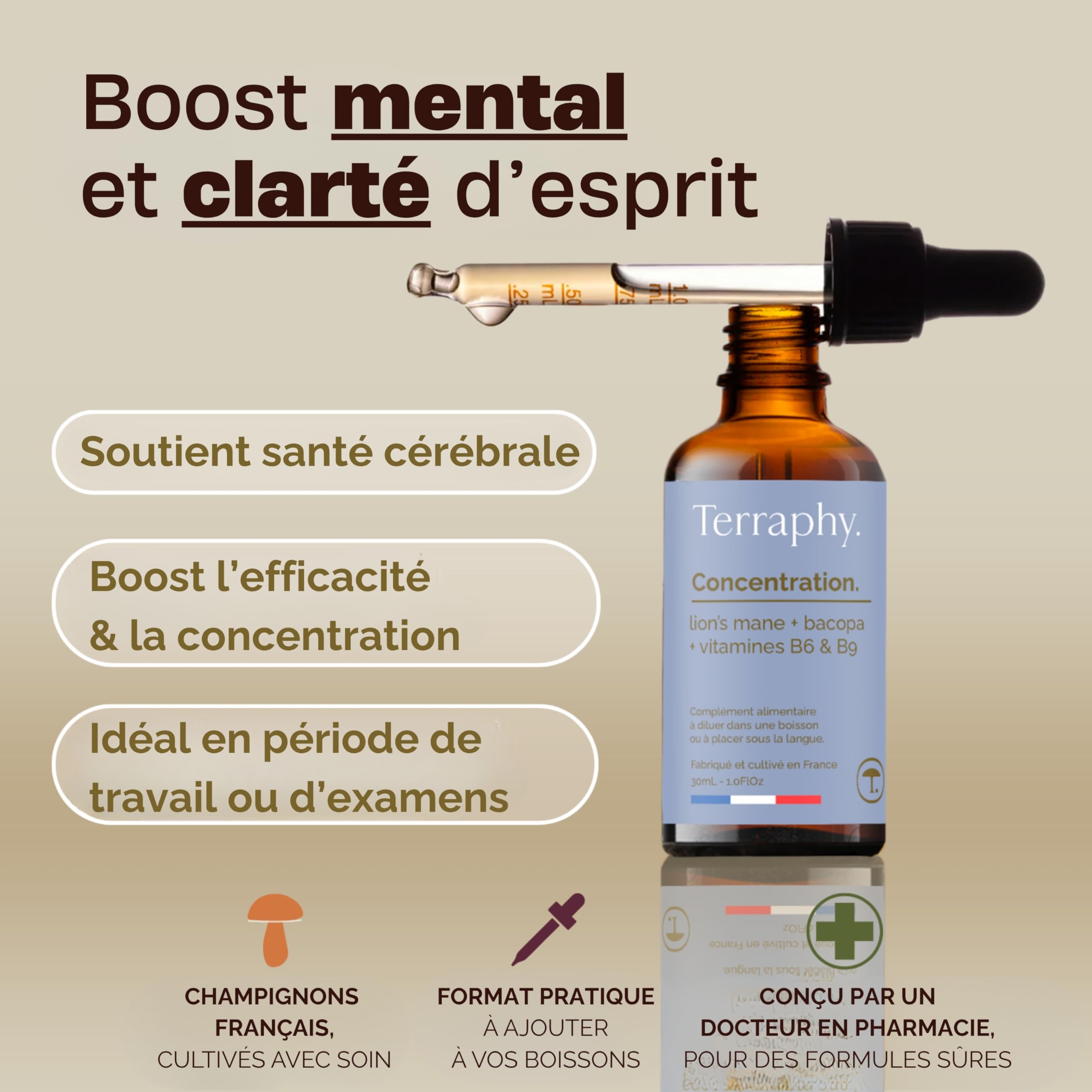 Cure Concentration 30 jours Champignons Adaptogènes - Lion’s Mane, Bacopa & Vitamines B6 B9 - Développe Focus, Mémoire et Clarté Mentale - Formule Liquide Bio Ultra Efficace
