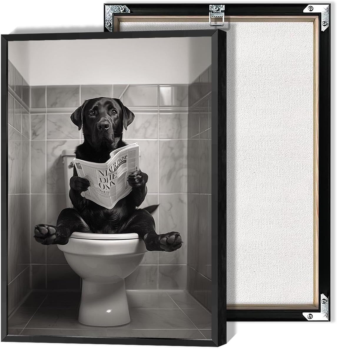 Beshdomp Vintage Black Labrador Retriever Reading On Toilet Newspaper Posters Black And White Canvas Wall Art Funny Animals Aesthetic Prints Painting For Home Bedroom Dorm Wall Decor 12x16in Framed