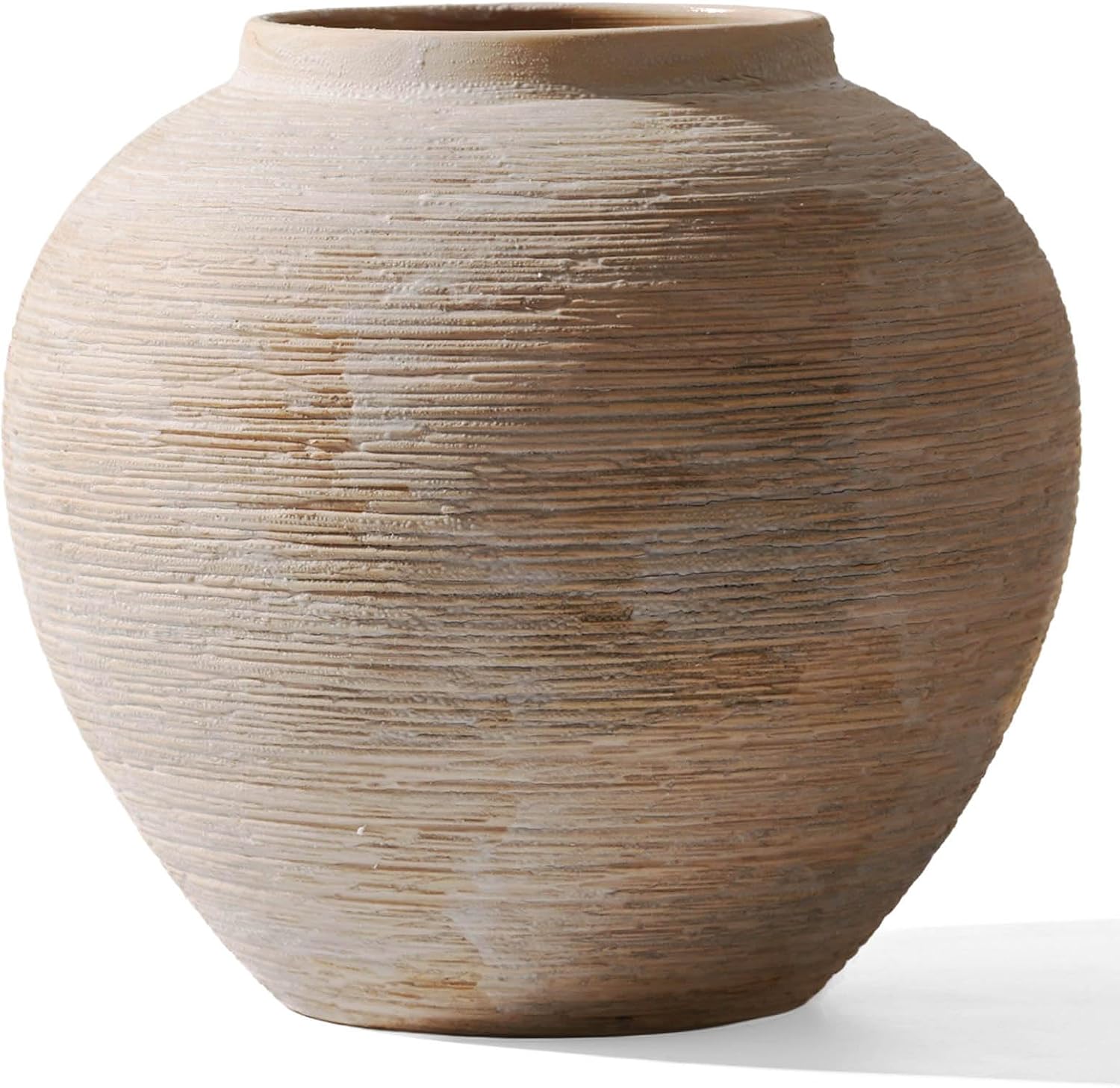 Large Rustic Ribbed Vase Home Decor - 8.8 in Ceramic Vintage Farmhouse Vases for Decor, Decorative Terracotta Round Bowl vase for Living Room, Table, Shelf, Kichen Décor