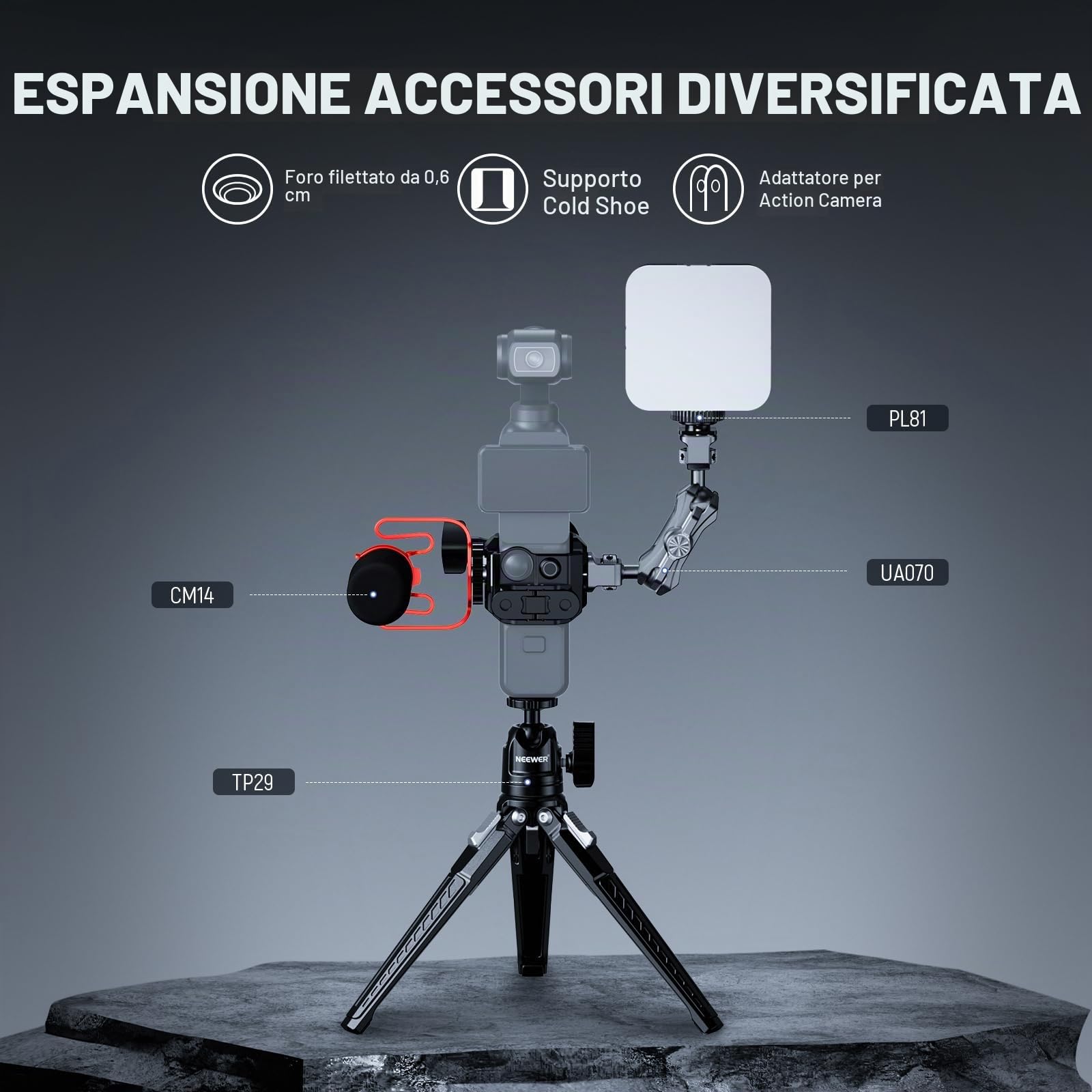 NEEWER Pocket 3 Cage, Rig Video Gimbal in Lega Alluminio con Adattatore di Estensione Action Cam Filetto 1/4" ColdShoe Compatibile con DJI Osmo Pocket 3 Creator Combo,Non Richiede Assemblaggio, AC009