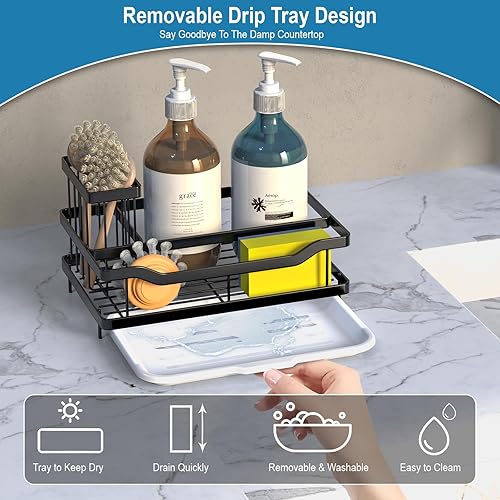 Miniatura 4 de Organizador de fregadero de cocina con soporte alto para cepillos, soporte de esponja de acero inoxidable para fregadero de cocina con bandeja de