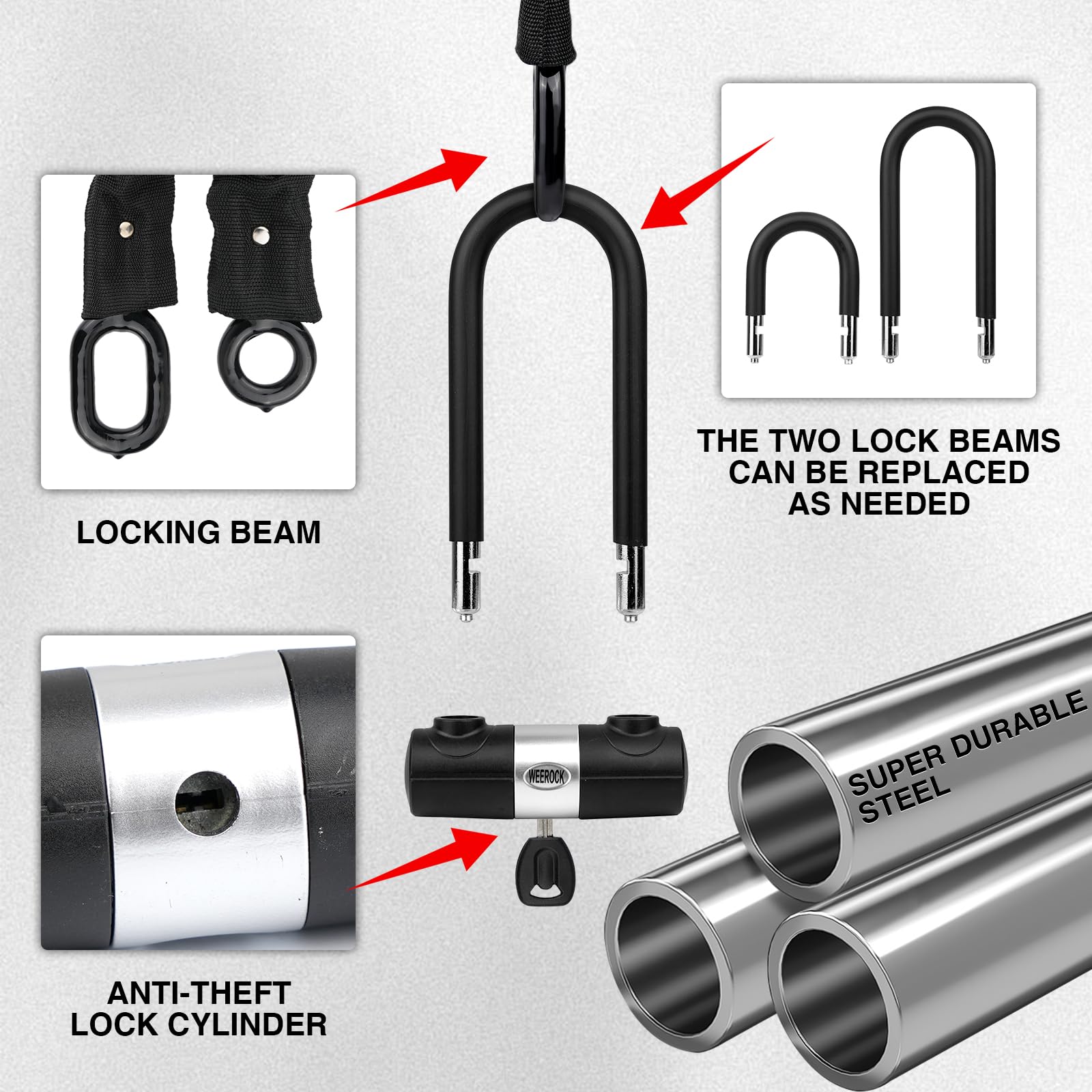 Lucchetto a catena per bicicletta in acciaio temprato da 8 mm, lunghezza 110 cm, con set di serratura ad arco, alta sicurezza, lucchetto per e-bike, moto, ingresso cortile (8 x 1100 mm)