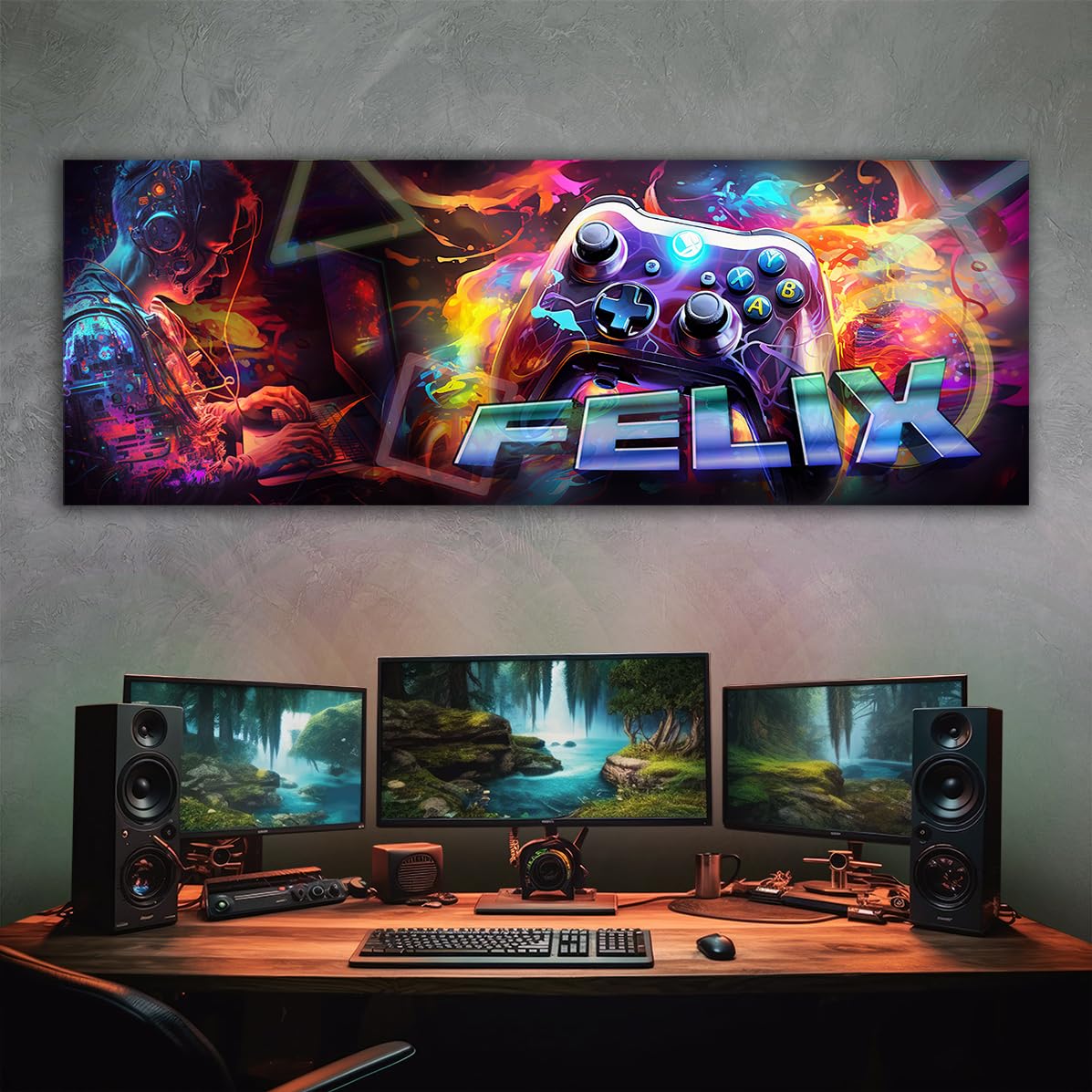 tjapalo® vz61 tableau gamer chambre ado toile prenom personnalisable deco mural chambre garcon deco gaming deco mural chambre ado Poster mural gamer toile gaming (90x30cm)