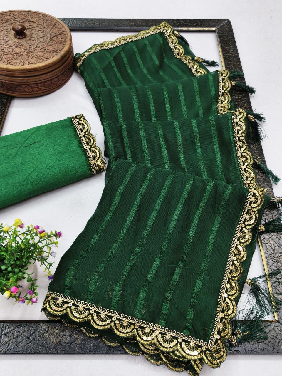 Chiffon Saree Embroidered Lace with bangalory silk blouse-image-11