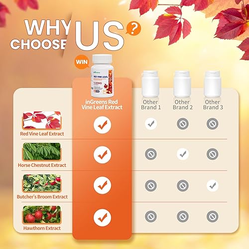 Miniatura 5 de Extracto de hoja de vid roja, 1630 mg con castaño de indias, escoba de carnicero, suplemento de espino para venas varicosas, piernas, circulación,