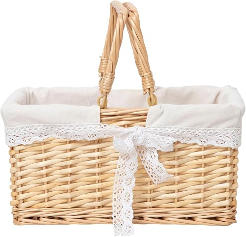 Handwoven Wicker Picnic Basket with Lace Lining, Natural Rattan Tote with Handles, Boho Basket for Outdoor Picnics, Bridal Showers, Weddings & Home Storage