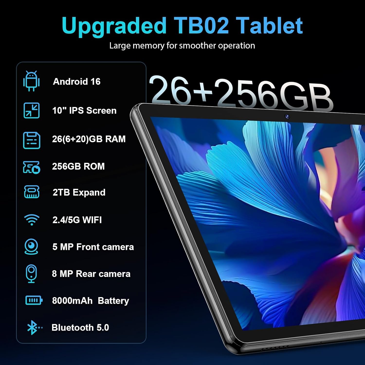 Android 16 Tablet with Keyboard, 2026 Android Tablet 10 inch, 26GB+256GB+2TB Expand, Electronic Tablet PC with Gemini, 8-Core, 8000mAh, 5G WiFi, GMS, 2 in 1 Tablet with Case/Mouse/Stylus(Black Case) thumbnail