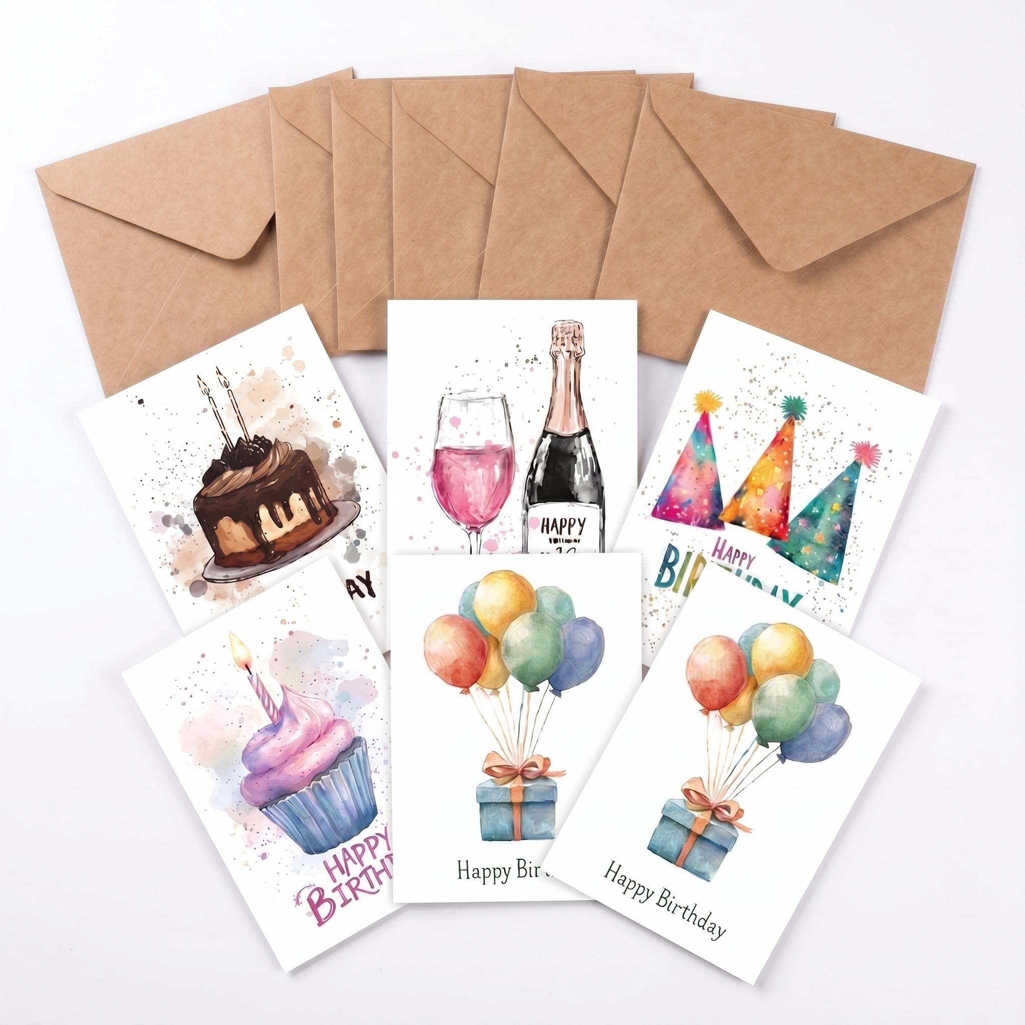 Durdiiy 12 Pack Watercolor Birthday Cards Multipack, 6 Assorted Designs Happy Birthday Cards with Kraft Envelopes, Blank Greeting Cards for Kids, Men, Women, Birthday Parties, Celebrations