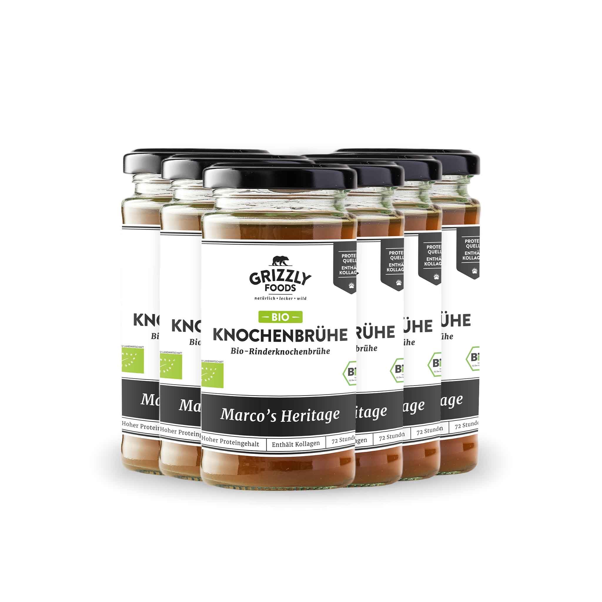 Grizzly Foods • BIO Rinderknochenbrühe (6 x 240ml) • 16g Kollagen pro Glas • 72 Stunden lang gekocht • 100% natürlich • Ohne Zucker, ohne Zusätze • Wertvolle Nährstoffe • Bone Broth • Knochenbrühe