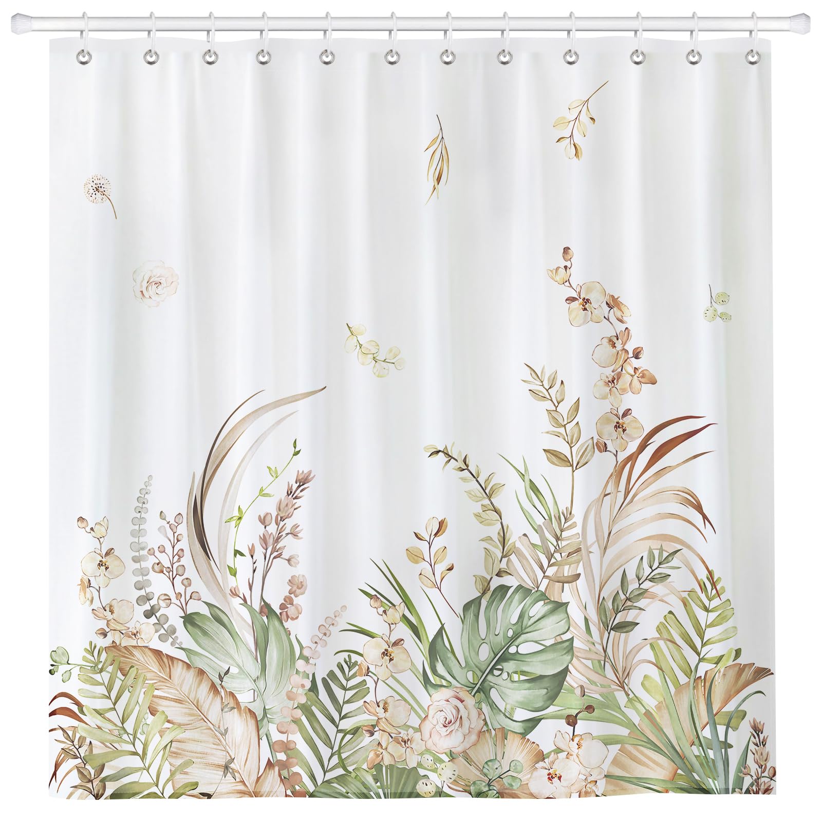 Arquiel Boho Leaves Shower Curtain Sets, Waterproof Polyester Fabric Shower Curtains With 12 Hooks for Bathroom Home Decoration, 72 × 72 Inch Washable Bath Accessories Decor