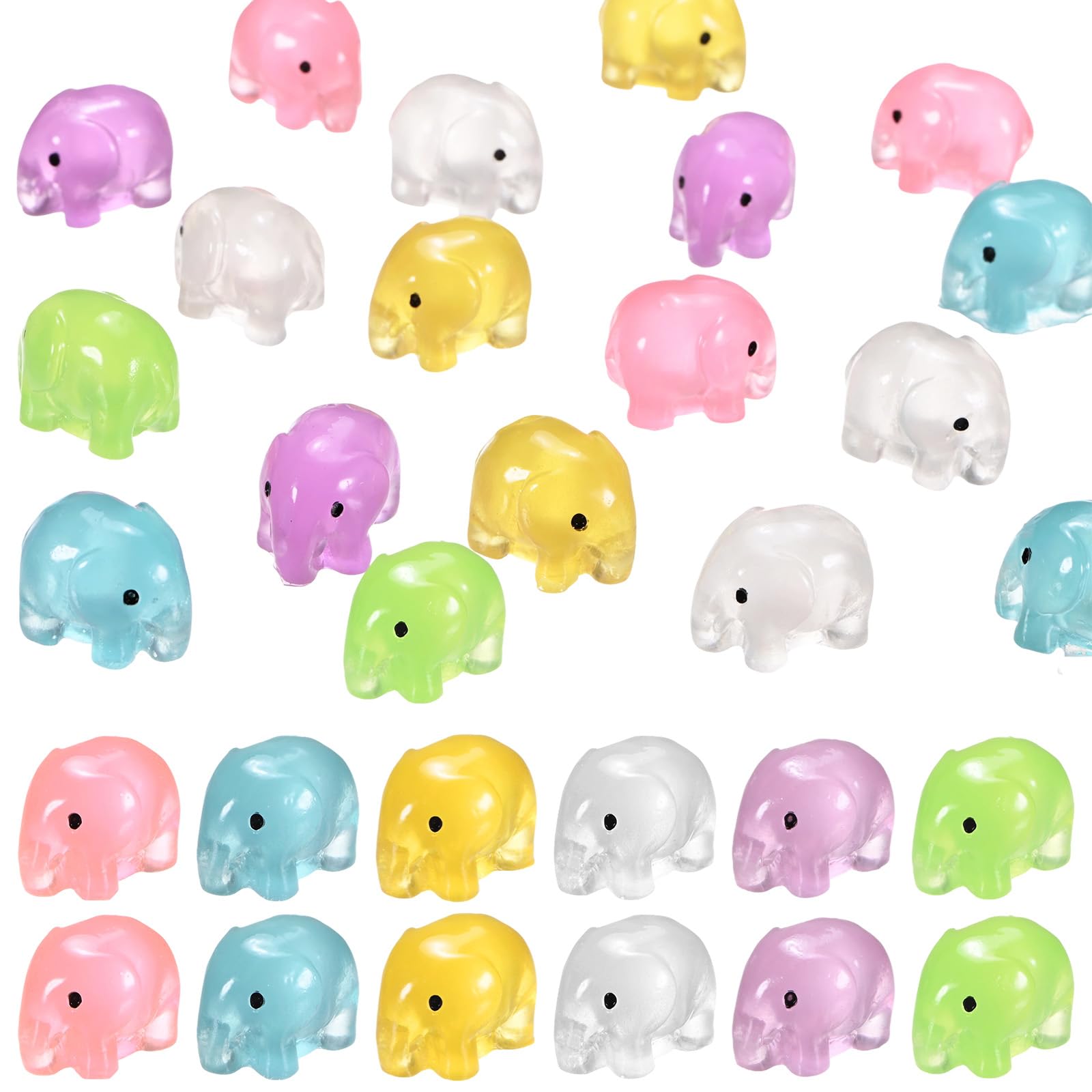 M METERXITY 60-Pack Luminous Mini Resin Elephant, Glow in the Dark Tiny Elephant for Terrarium/Micro Landscaping/Dollhouse, Decorative Miniature Animal Figurine to Place [Multicolor]