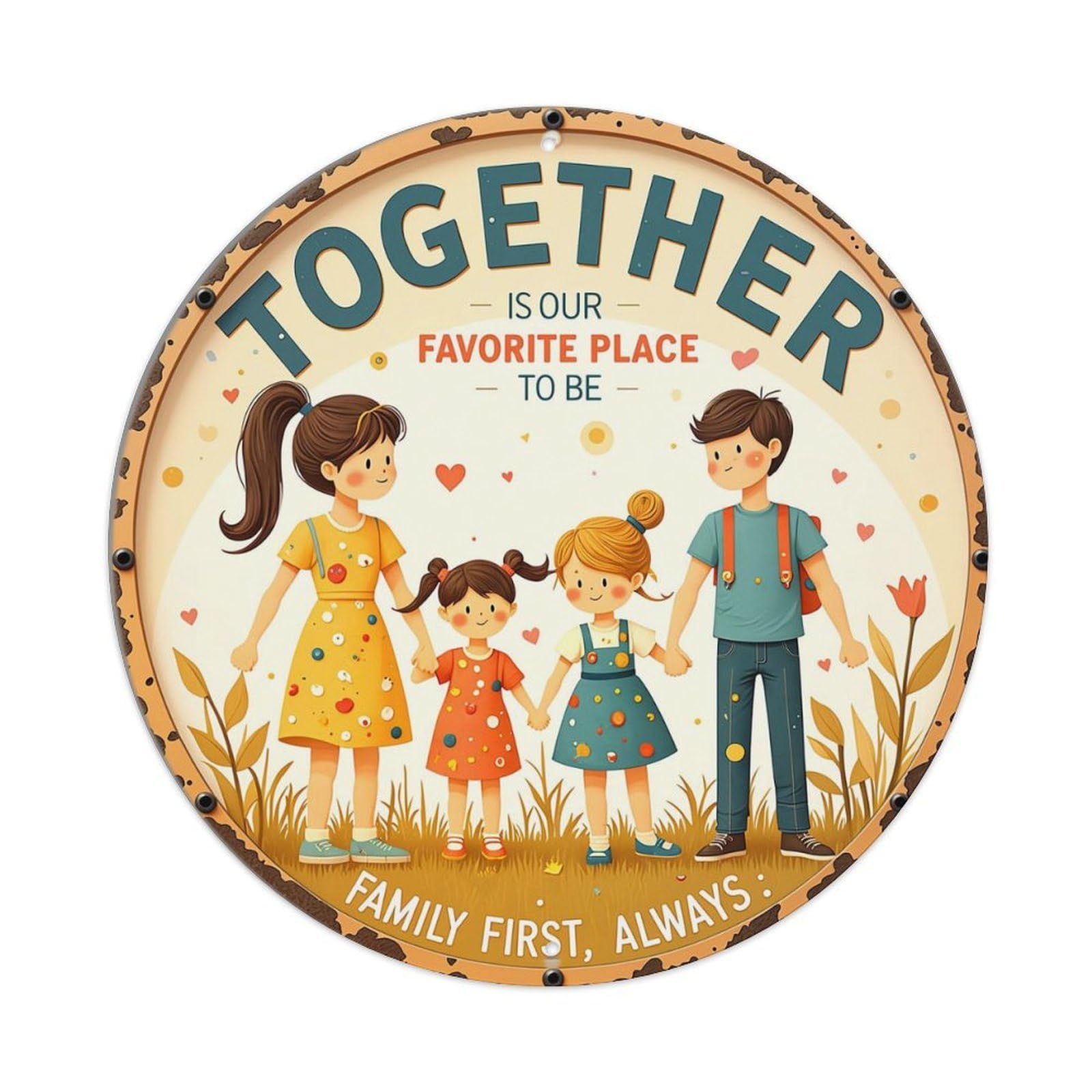 Family Holding Hands Together Retro Metal Sign Round Tin Sign, Vintage Decor Art Poster for Bar, Home, Man Cave, Kitchen, Laundry Room Gift 8x8Inch