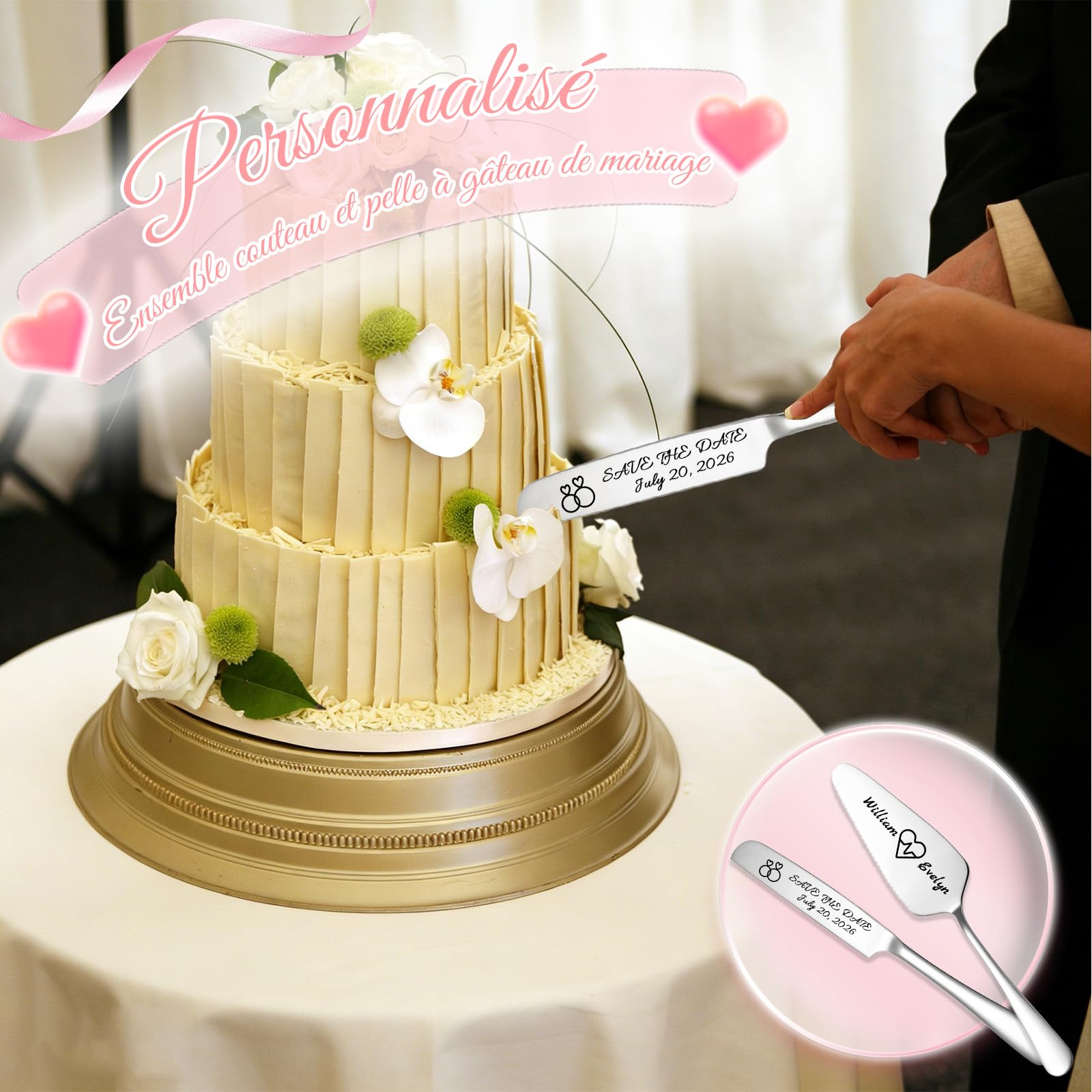 Couteau et Pelle à Gâteau de Mariage Personnalisé – Ensemble Couvert Témoin en Acier Inoxydable avec Gravure Originale – Idéal pour Anniversaire, Da (Noir)
