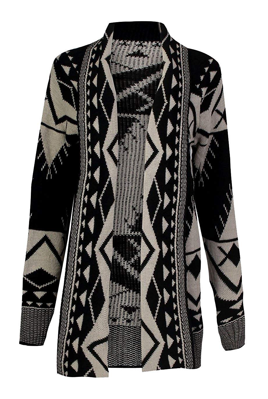 Girlzwalk Women's Aztec Tribal Print Outwear Sweater Ladies Knitted Boyfriend Cardigan, Black & Stone, XL