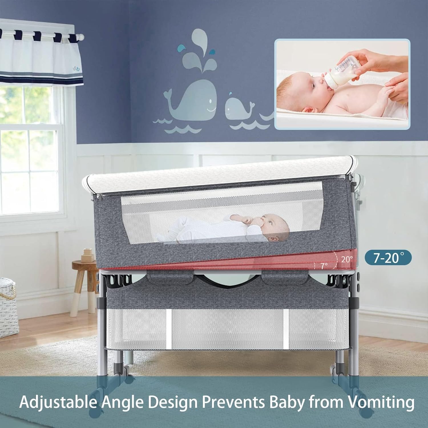 Cuna de colecho con Colchón,Cama para Bebé Gemela con 6 Ajustes de Altura,Plegable Cuna de Noche con Rampa Antirreflujo,Separador Extraíble y Ruedas Silenciosas,para Bebés de 0 a 3 Años (Caqui)