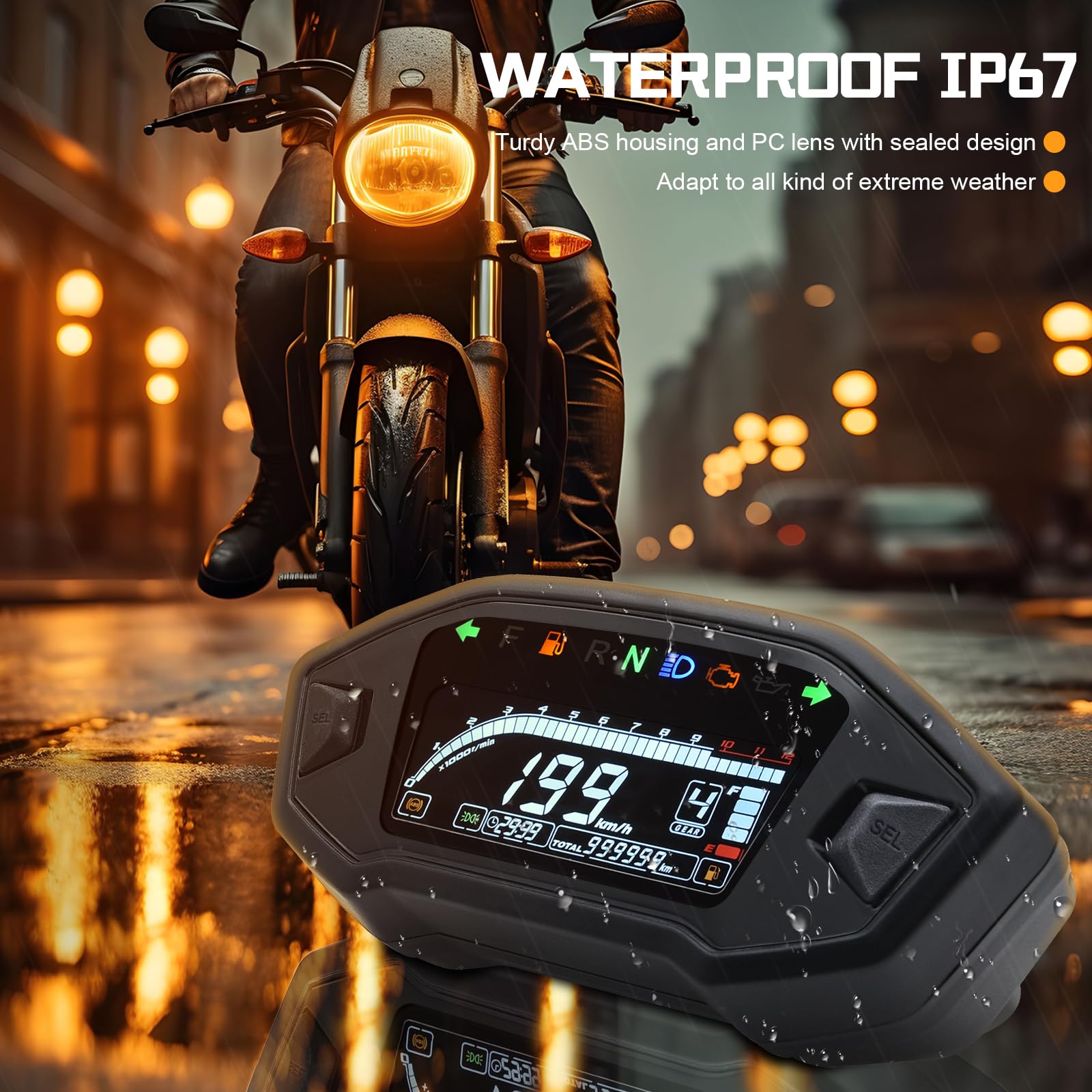 Geloo 12000 tr/min Tachymètre Universel Moto LCD Numérique Rétroéclairage Compteur de Vitesse Numérique Kilométrique Gauge 0–199 km/h Pour 1,2,4 cylindres