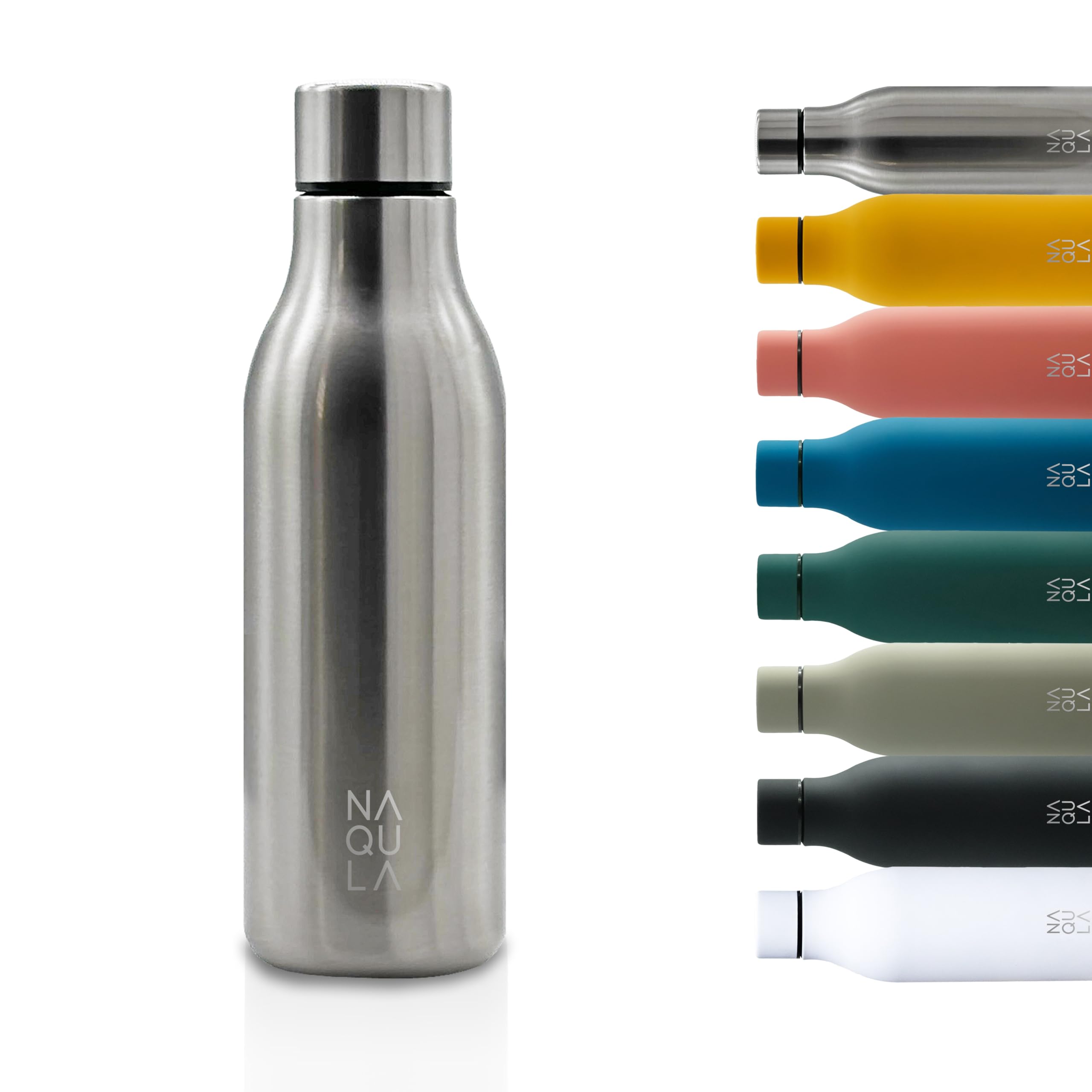 NAQULA® Thermosflasche Edelstahl 500ml. BPA Frei. Auslaufsicher. Modern. Stilvolle Trinkflasche. Minimalistische Wasserflasche. Geeignete Flasche für Büro, Sport, Schule. Silber (steel silver)