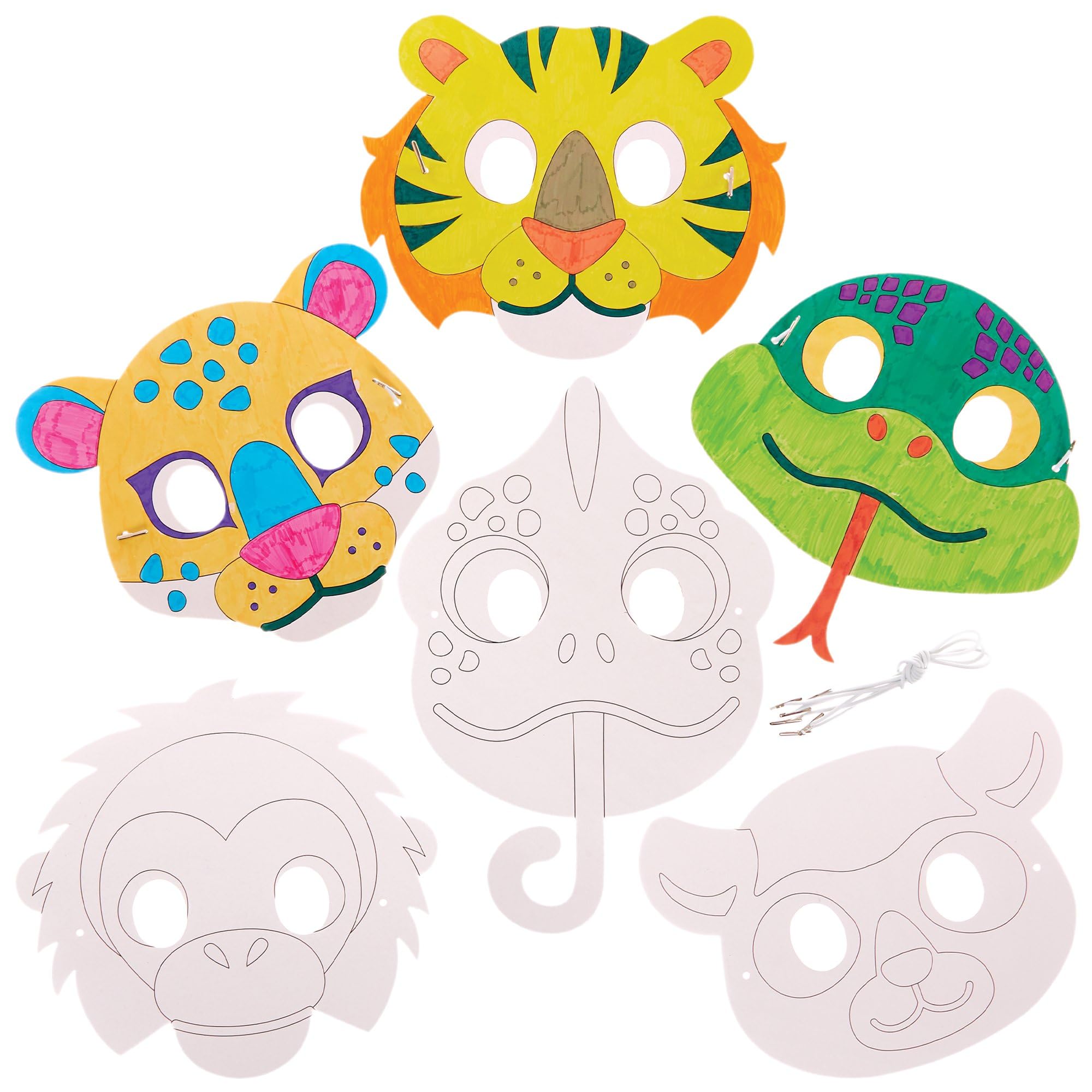 Baker Ross FX556 Rainforest Animal Colour In Masks - Pack of 10, 17cm-22cm, Kids Paper Masks, Assorted Designs, Colouring Activity