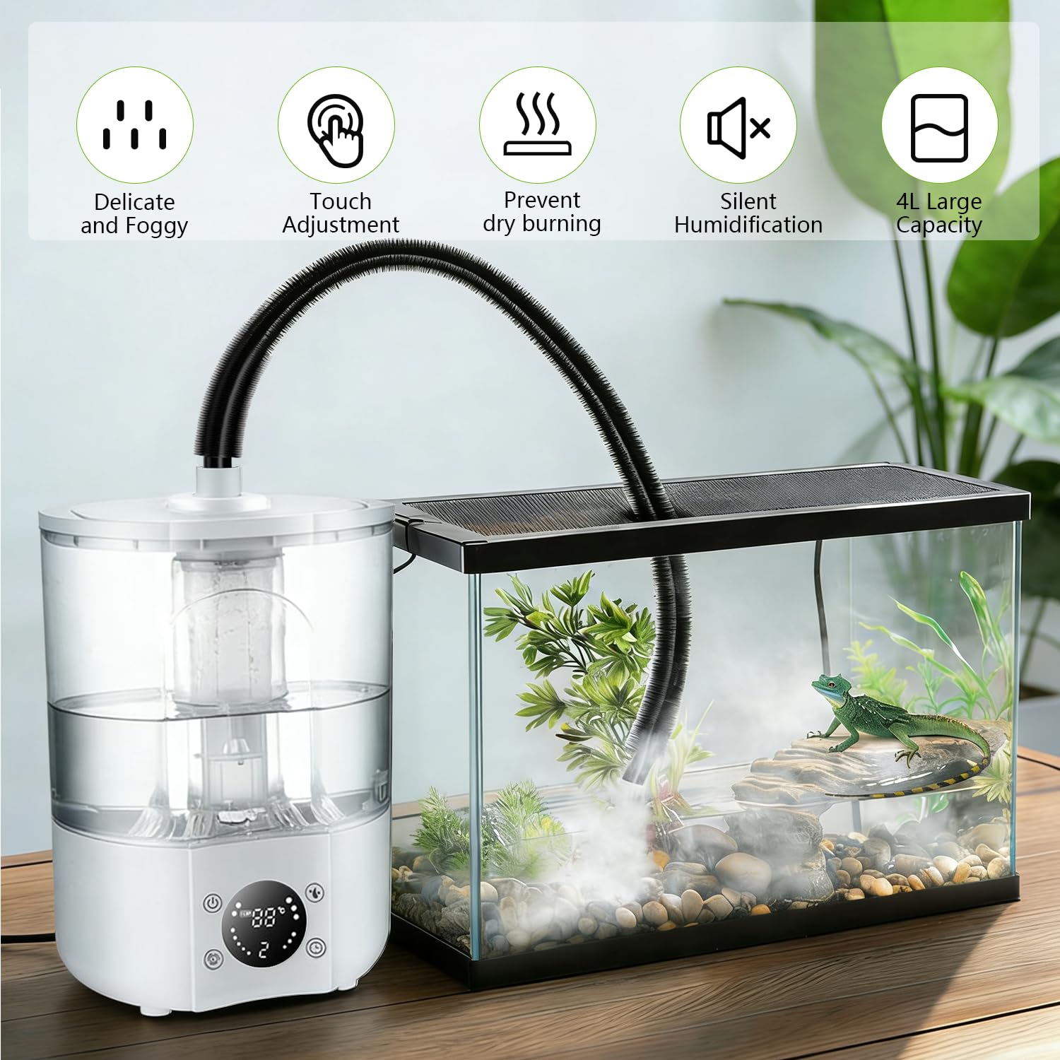 Humidificador para Reptiles, 4 L Gran Tanque Brumizador para Terrarios con Mando a Distancia y 2 m Tubo, Difusor ultra silencioso para Anfibios, Reptiles y Plantas Acuáticas