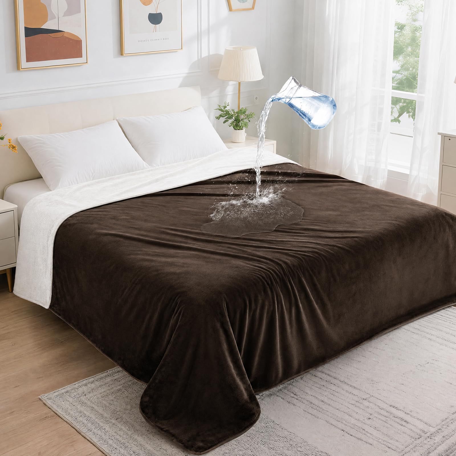 LOOBANI Waterproof Flannel Blanket for Bed, Twin Size 60"x80", Coffee