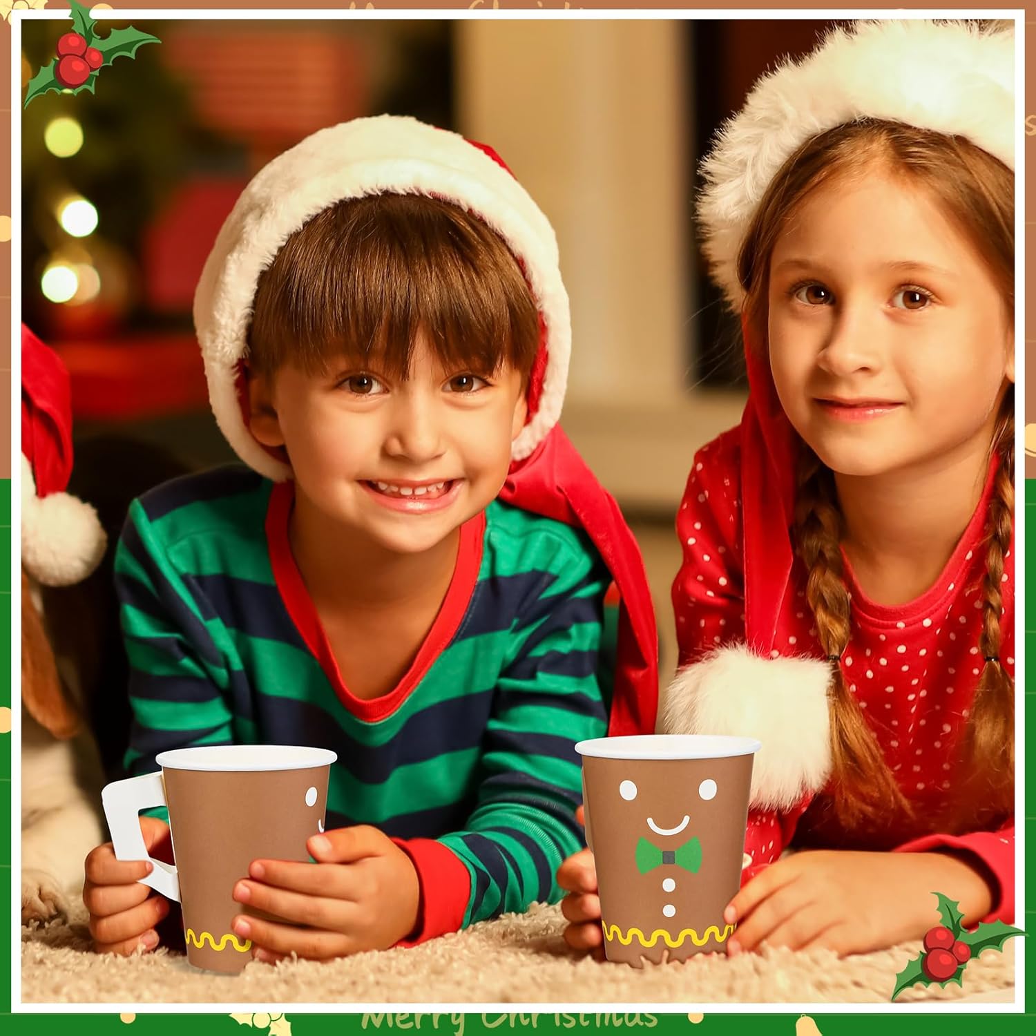 Zhehao 120 Pcs 9 oz Christmas Espresso Paper Cups with Handles Christmas Cups Disposable Tea Cups Disposable Coffee Mugs for Kids Adults Beverage Holiday Xmas Party Supplies (Gingerbread Man)