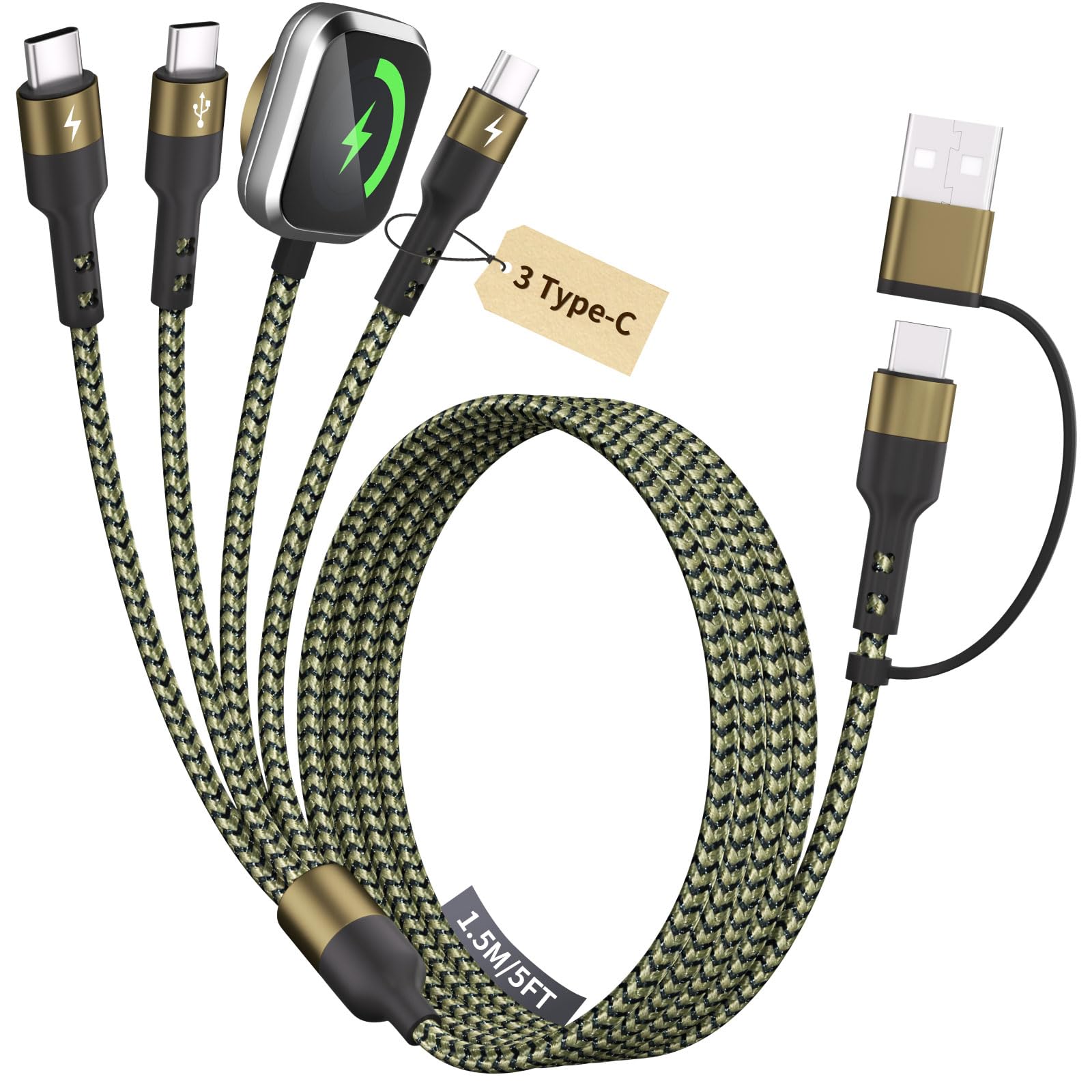 3 Type-C Ports 4 in 2 Multi Charging Cable for iWatch Charger/ iPhone17-15 | 5FT Portable Travel Essentials, USB C Splitter iPhone Watch Charger for iWatch Ultra/SE/11-2, Carplay Supported for RV/Car