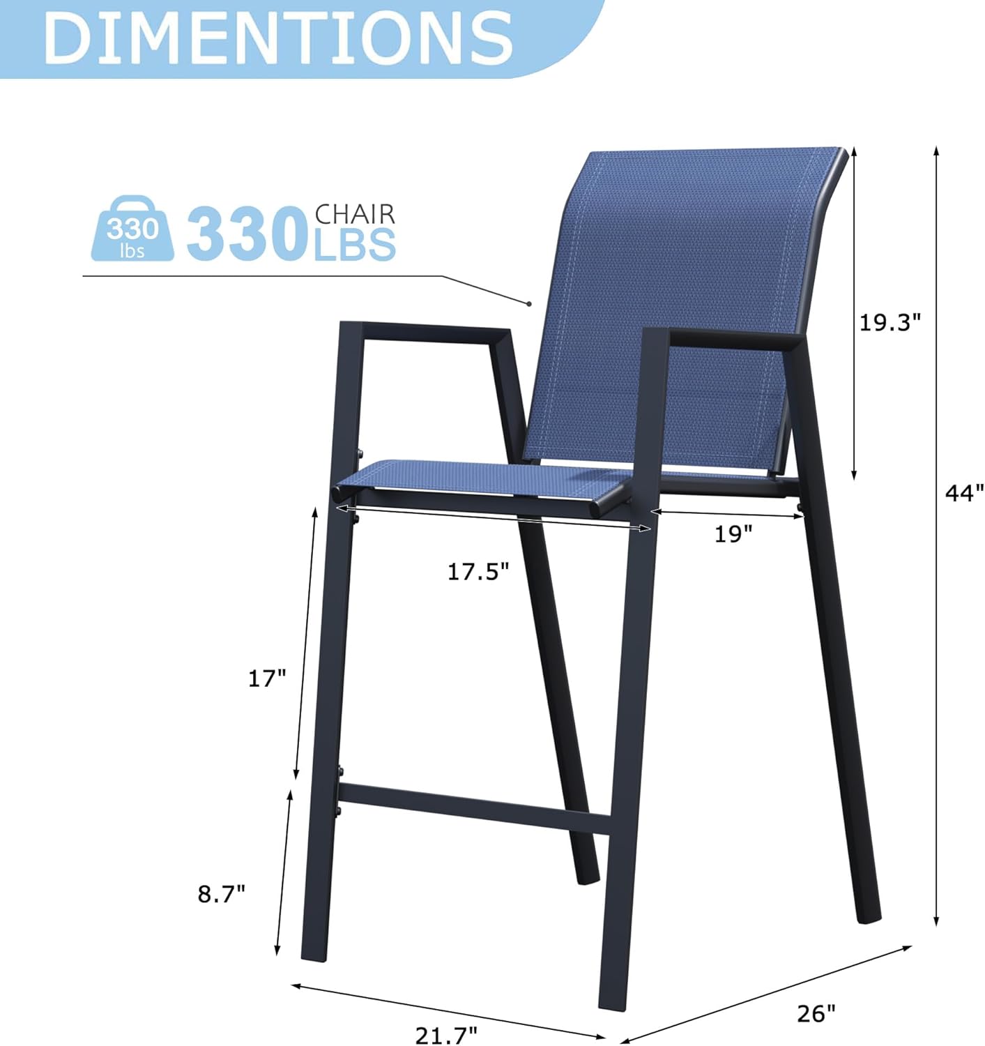 Outdoor Patio Bar Stools Set of 2, Stackable Counter Height Short Bar Chair, Patio High Furniture Chair Set, Outdoor Furniture, All-Weather Seat for Backyard and Balcony, Blue