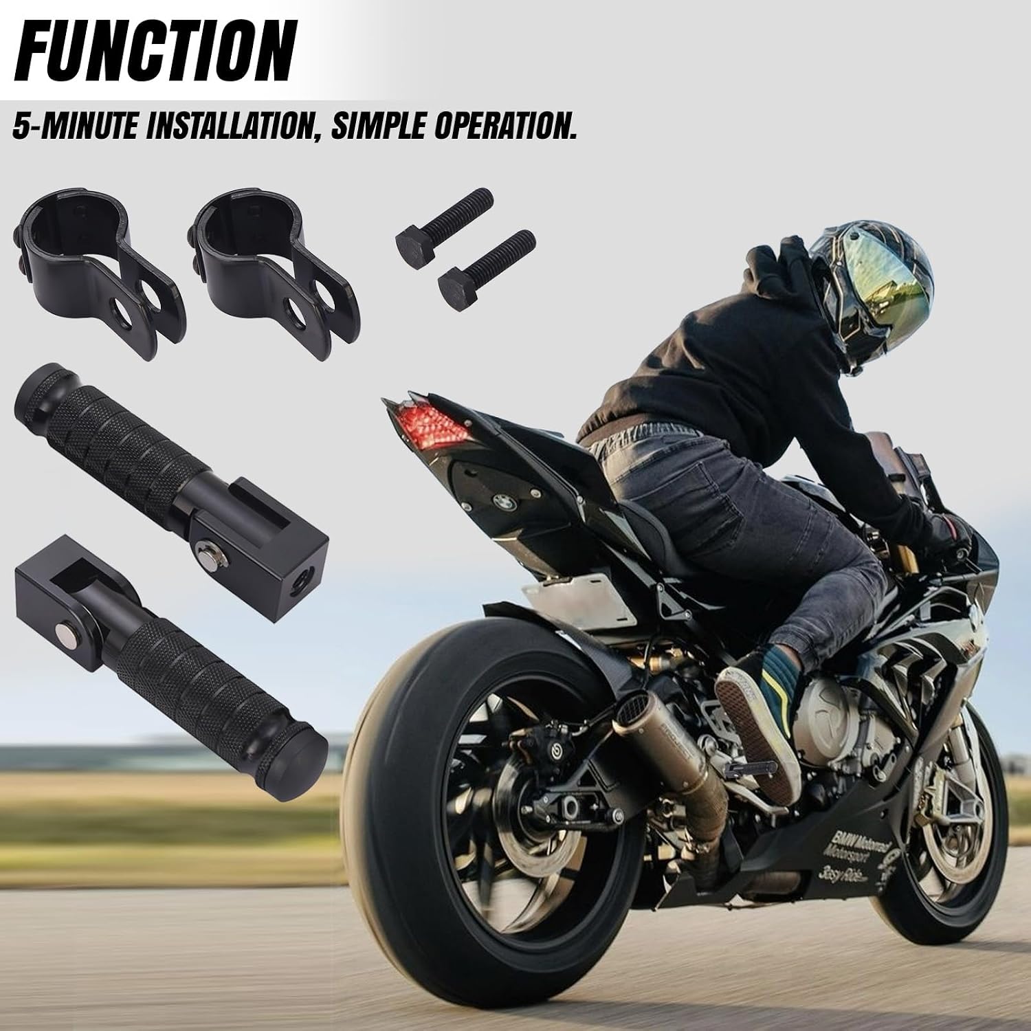 M8 90° Foldable Motorcycle Foot Pegs, CNC Aluminum Alloy & Anti-Skid Surface, Universal Fit for Yamaha, Honda, Suzuki, Dirt Pit Bikes & Passenger, Black