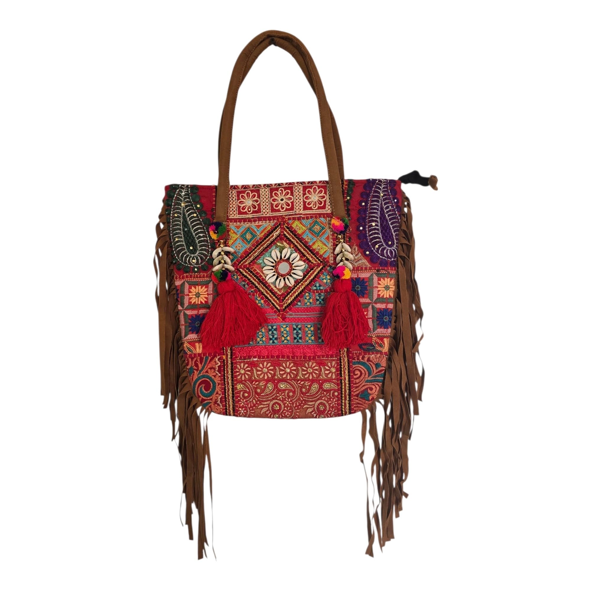 Banjara Shoulder Bag, Multicolour, 43x43 cm, Embroidered Boho Style with Tassel and Fringe Detail Handmade patch work-image-15