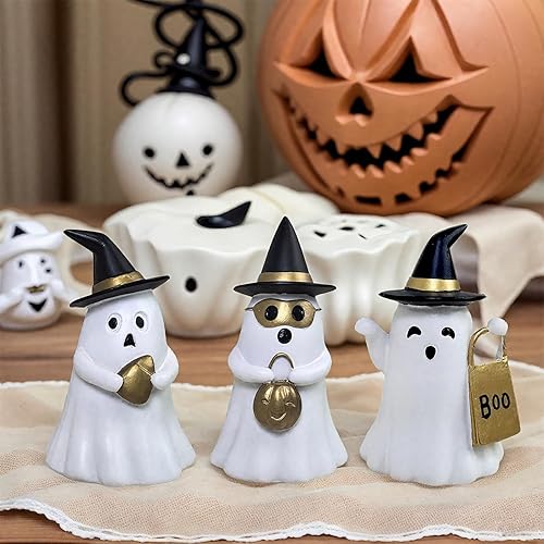 Resin Small White Ghost Figurines, 3PCS Ghosts with Witch Hats,