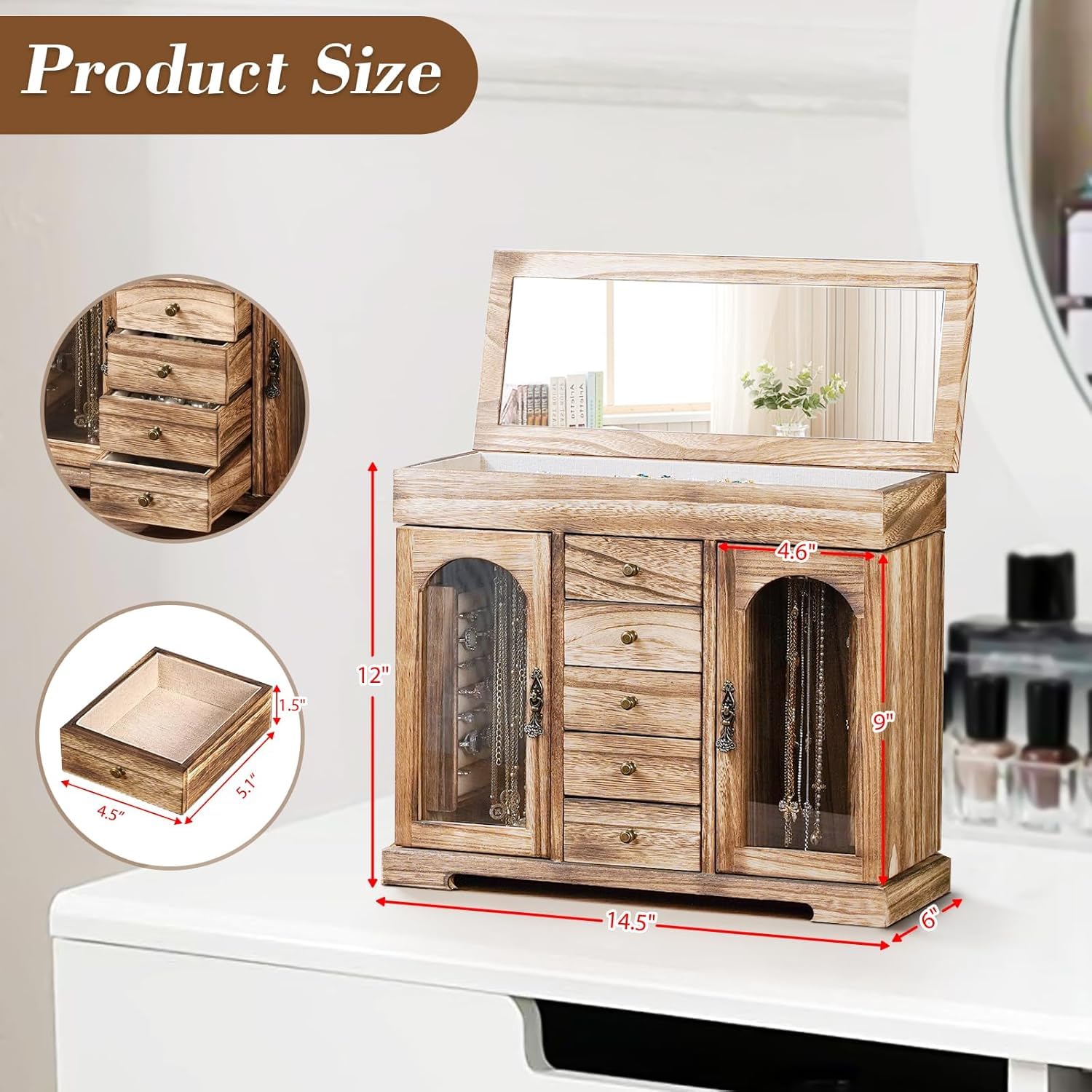 Schmuckkästchen für Damen, 6 Ebenen Rustic Aufbewahrungsbox, Groß Holz Schmuckaufbewahrung mit Spiegel, Schmuckkasten Organizers für Ringe, Ohrringe, Armbänder, Halsketten (Retro Brown)