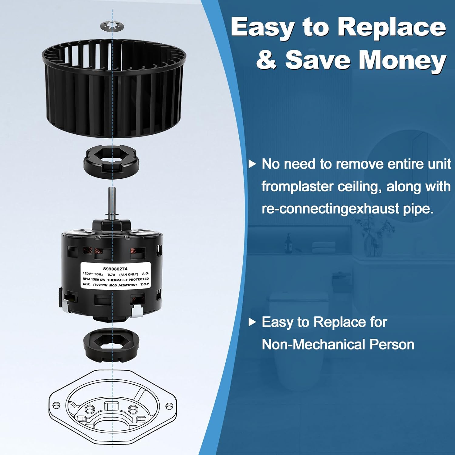 S99080274 Bathroom Fan Motor & Blower Wheel Kit with S99100412 Motor Mounting Rubbers, High Airflow Low Noise, Fits ACS120L ACS130 HS120L HS130 MS120L MS130 MHS120L NS120L NS130 S120L S120FL S130