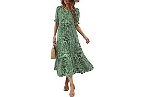 NAGGOO Women's Short Puff Sleeve Midi Beach Dresses