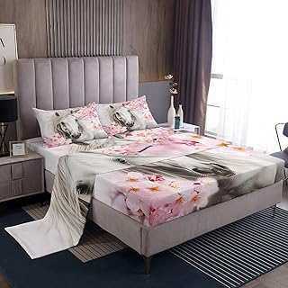 Castle Fairy Abstract Horse Bed Sheets Watercolor White Wild Animal Sheets Set for Kids Teens Adults Pink Natural Cherry Blossom Dreamy Bedding Set with Flat,Fitted Sheet,1 Pillowcase Twin Size 3 Pcs