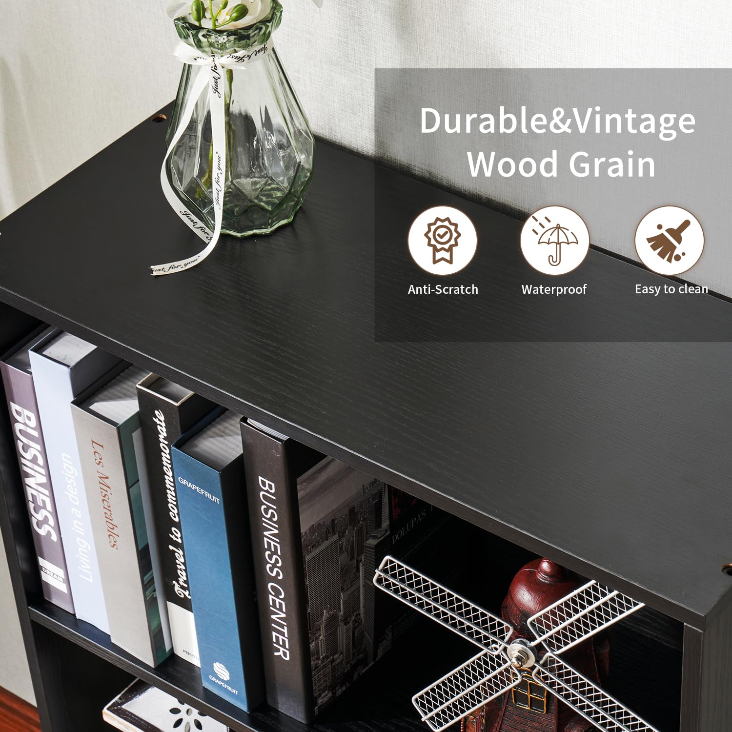 oneinmil Bücherregal und Bücherregal mit 6 Regalen, bodenstehendes hohes Bücherregal, offenes Display-Aufbewahrungsregal, dekorative Möbel, geeignet für Heimbüros, Wohnzimmer und Schlafzimmer, Schwarz