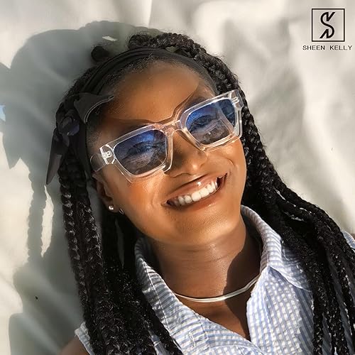 Miniatura 6 de SHEEN KELLY Lentes de sol cuadrados retro para hombres y mujeres, a la moda, rectangular, grueso, marco grueso, negro, lentes de moda de los años 90