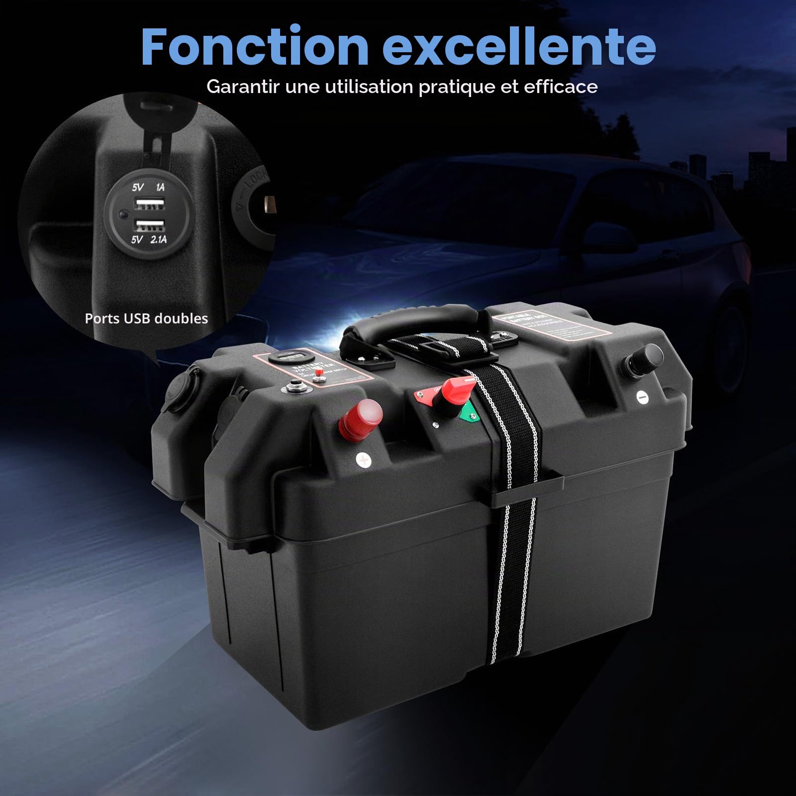 Boîtier de batterie avec 2 ports USB, moteur de bateau, support de batterie, boîte de rangement pour bateau, yacht, RV