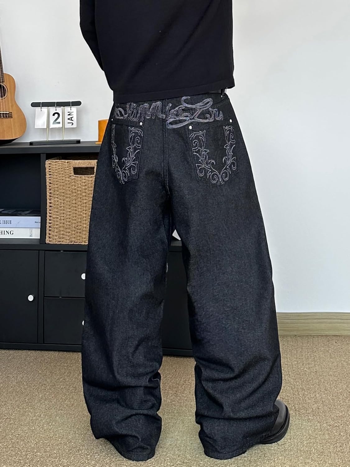 Mens Baggy Jeans Hip Hop Stylish Embroidery Wide Leg Loose Fit Y2k Jeans Casual Skater Streetwear Denim Pants - Image 3