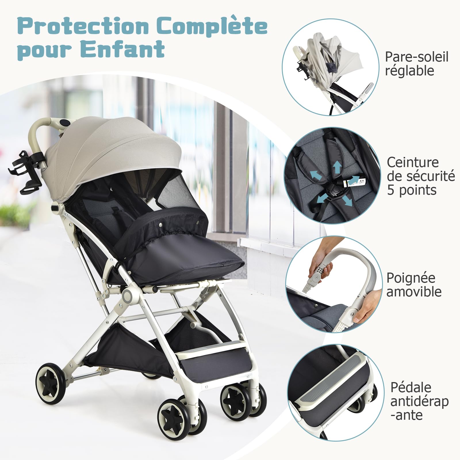 DREAMADE Poussette Légère Compact à 15 KG avec Dossier&Auvent&Repose-pieds Réglables,Poussette Canne Pliante Bébé 0-3 Ans avec Moustiquaires&Roues Verrouillables (Gris)