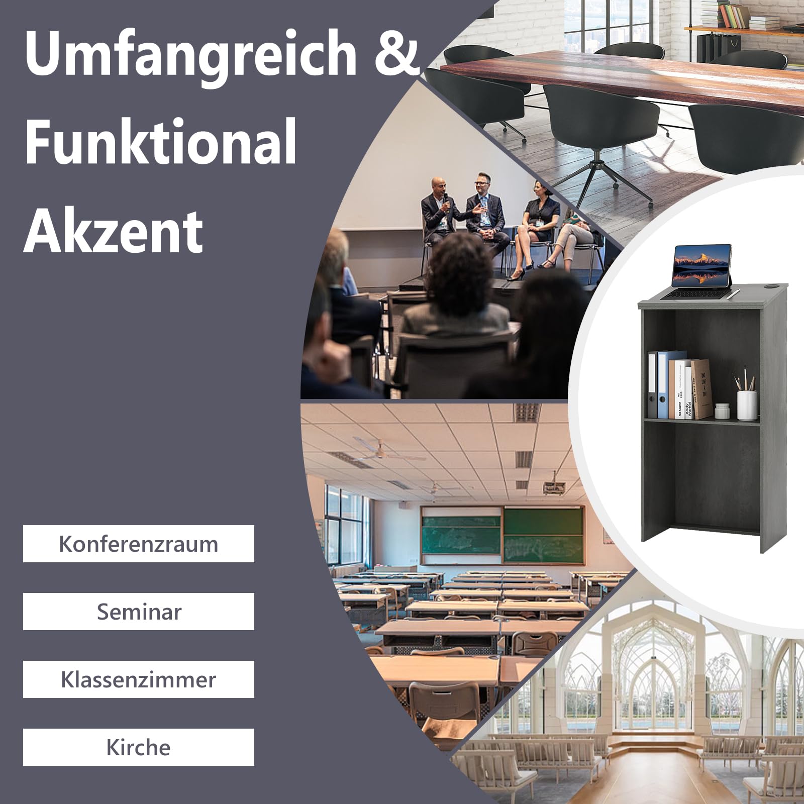 COSTWAY Stehpult, Rednerpult mit Ablagefläche und Kabeldurchführungen, Stehtisch für Klassenzimmer, Kirche, Büro, Restaurant, Seminar (Grau)