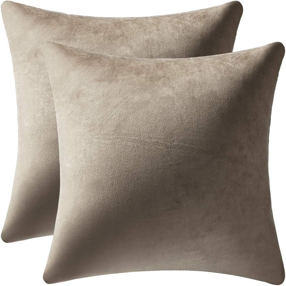 DEZENE Decorative Pillow Covers 18x18 Taupe: 2 Pack Cozy Soft Velvet Square Throw Pillow Cases for Farmhouse Home Decor Taupe 18 x 18-Inch